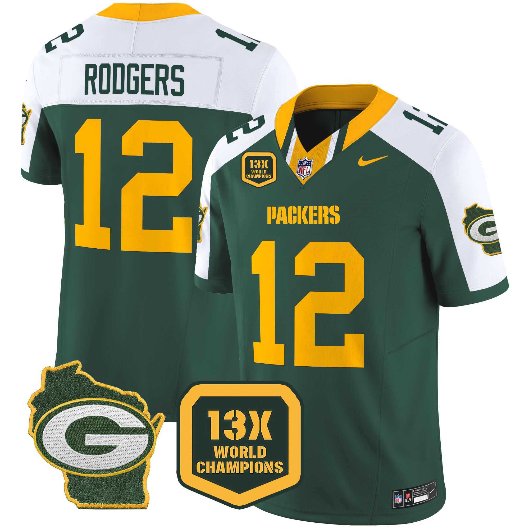 Aaron Rodgers Men's Green Bay Packers 13 Time World Champions & Home Patch Vapor Limited Jersey – All Stitched Alternate Jersey - All Stitched