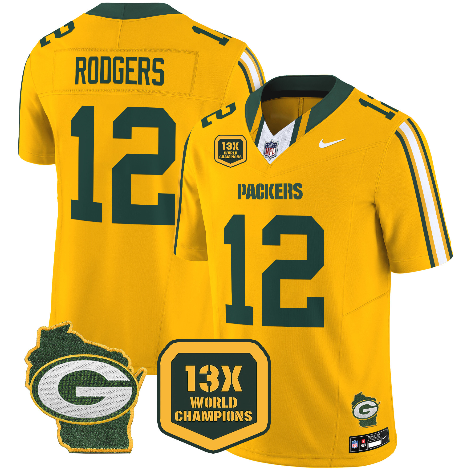 Aaron Rodgers Men's Green Bay Packers 13 Time World Champions & Home Patch Vapor Limited Jersey – All Stitched Gold Jersey - All Stitched