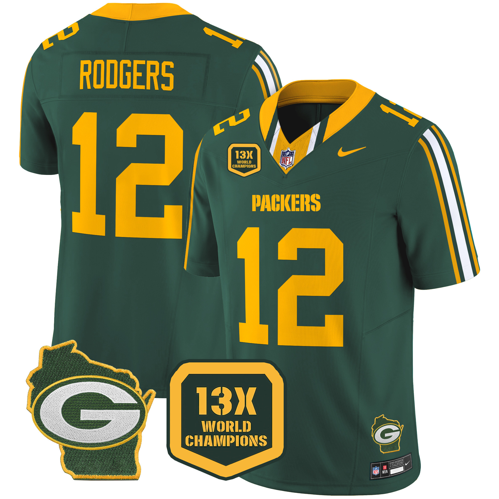 Aaron Rodgers Men's Green Bay Packers 13 Time World Champions & Home Patch Vapor Limited Jersey ÃƒÂ¢Ã¢â€šÂ¬Ã¢â‚¬Å“ All Stitched Green Jersey - All Stitched