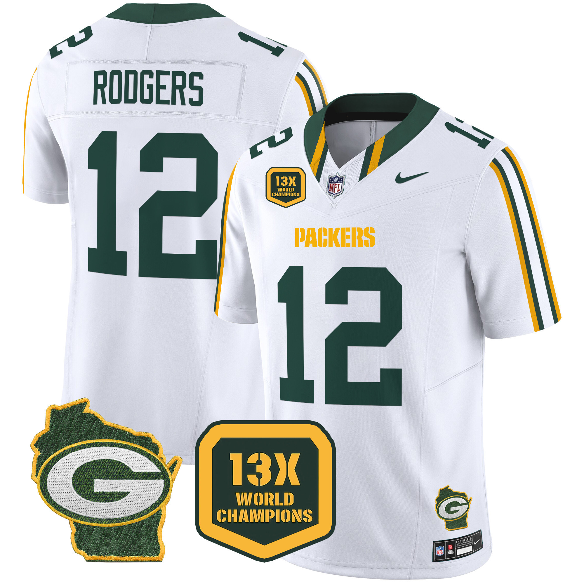 Aaron Rodgers Men's Green Bay Packers 13 Time World Champions & Home Patch Vapor Limited Jersey – All Stitched White Jersey - All Stitched