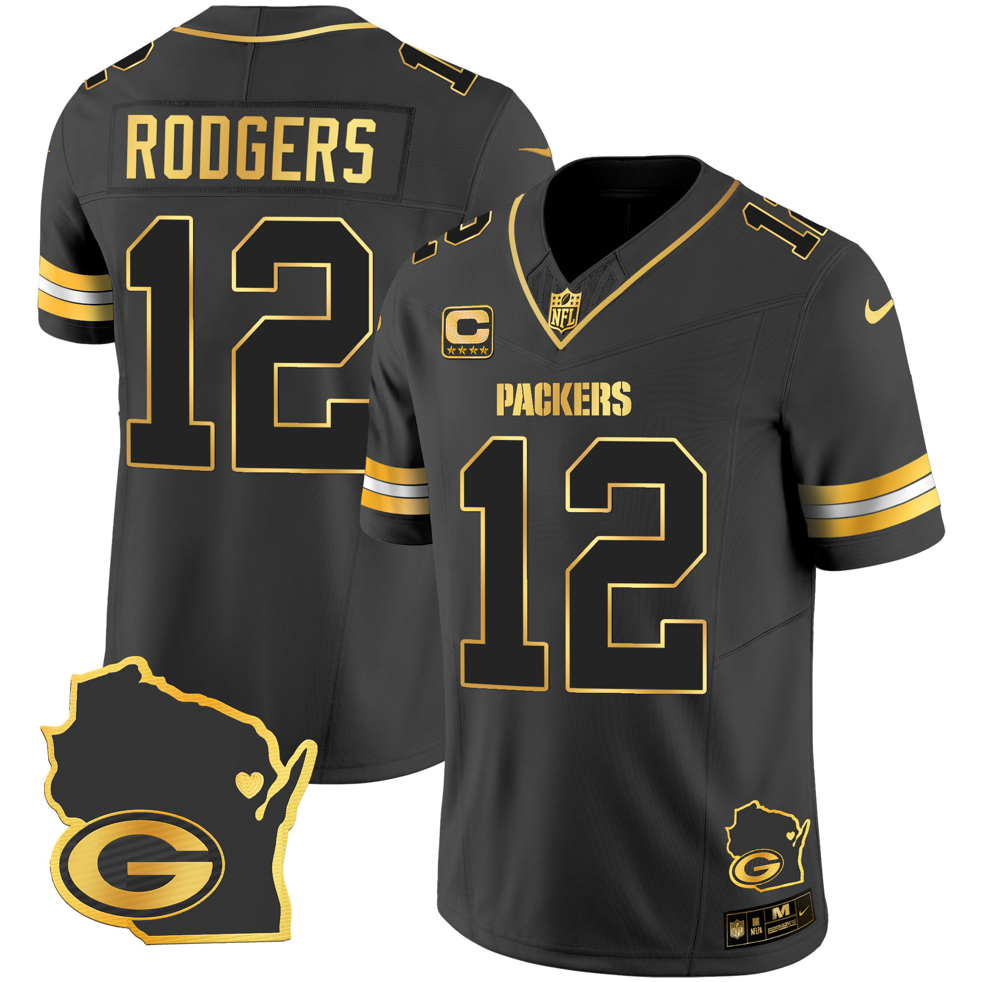 Aaron Rodgers Men's Green Bay Packers Home Patch Gold Vapor Black Gold Jersey - All Stitched