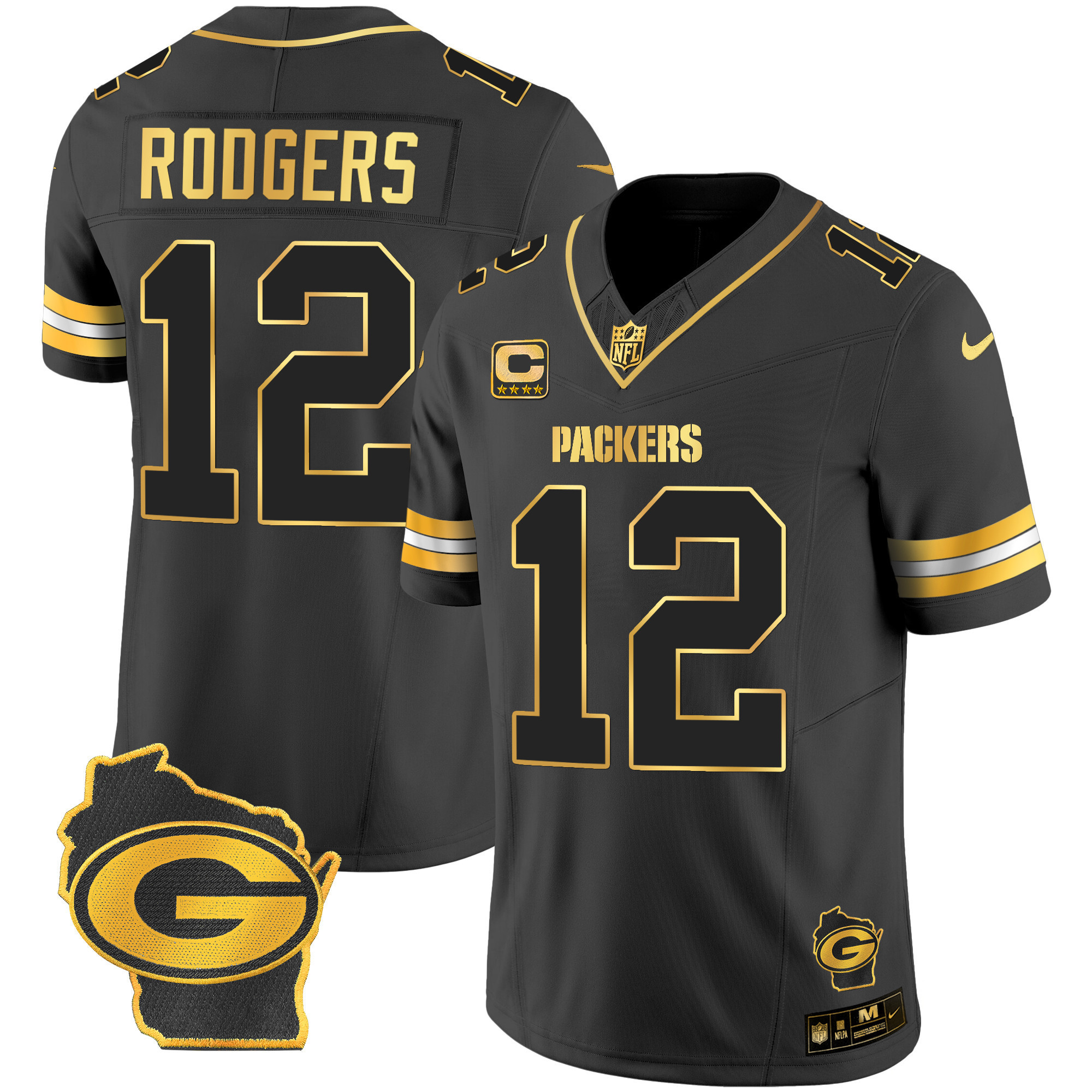 Aaron Rodgers Men's Green Bay Packers Home Patch Gold Vapor Black Gold Jersey - All Stitched