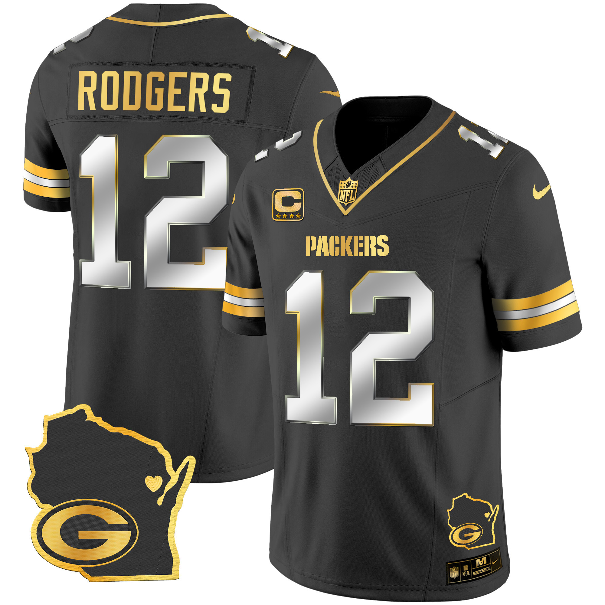 Aaron Rodgers Men's Green Bay Packers Home Patch Gold Vapor Black Limited Jersey - All Stitched