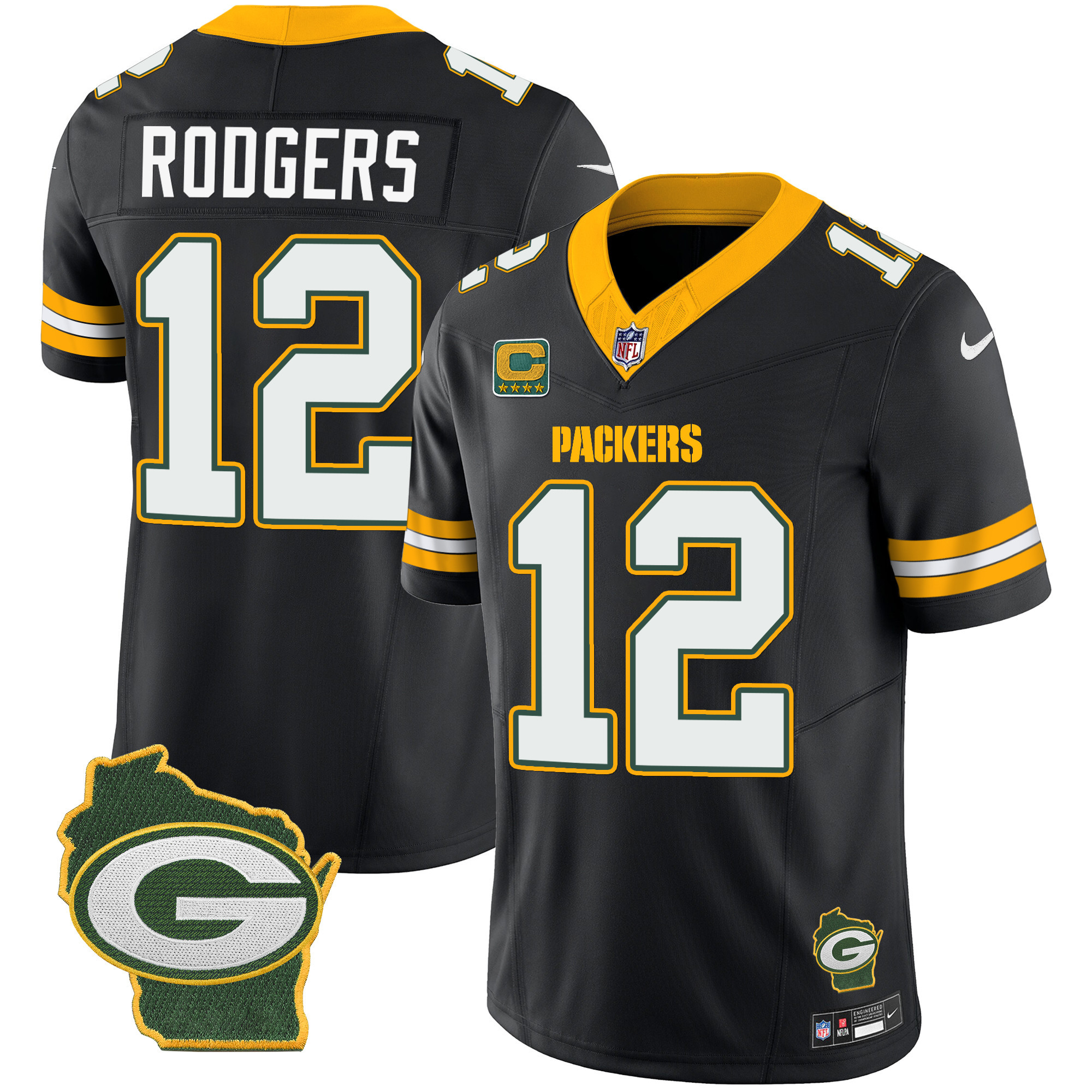Aaron Rodgers Men's Green Bay Packers Home Patch Vapor Black Jersey - All Stitched