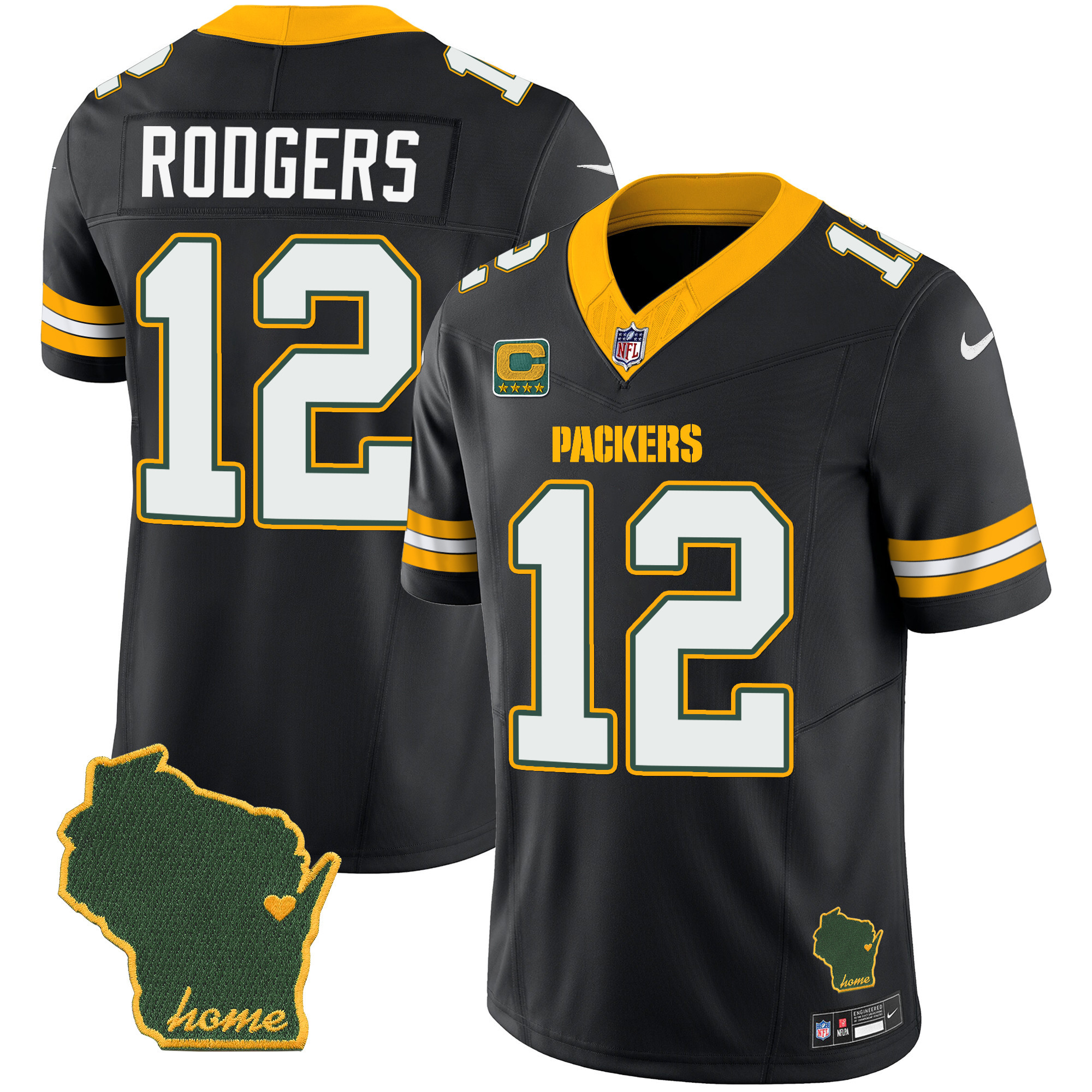 Aaron Rodgers Men's Green Bay Packers Home Patch Vapor Black Jersey - All Stitched
