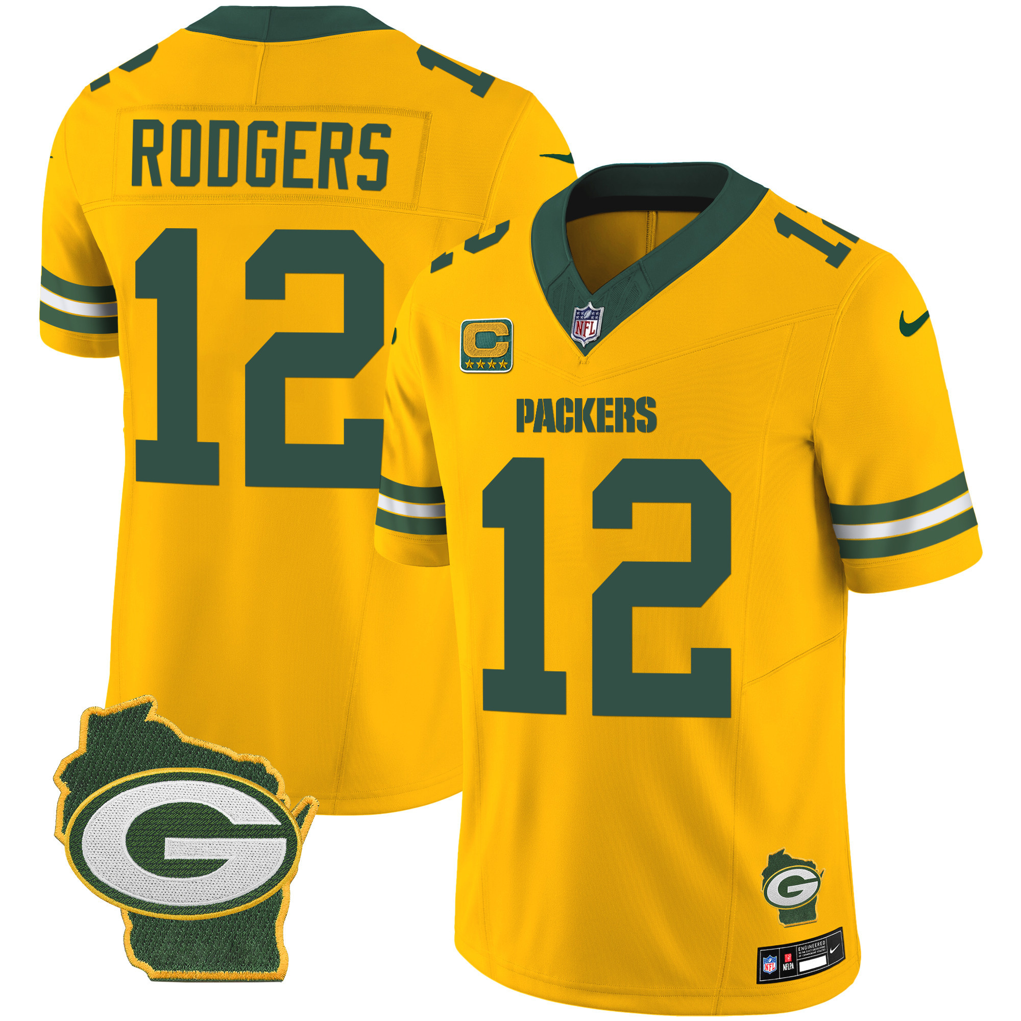 Aaron Rodgers Men's Green Bay Packers Home Patch Vapor Gold Jersey - All Stitched