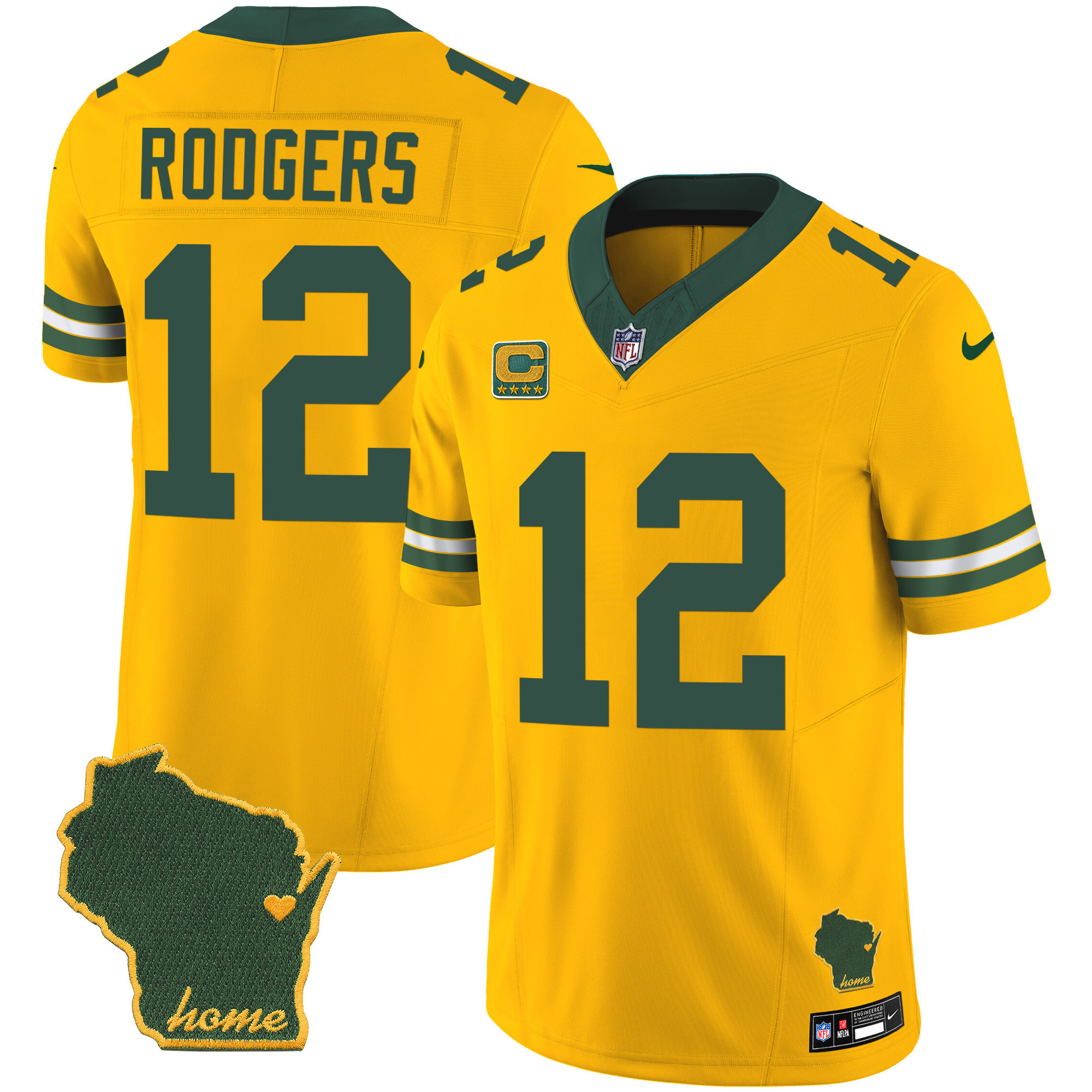 Aaron Rodgers Men's Green Bay Packers Home Patch Vapor Gold Jersey - All Stitched