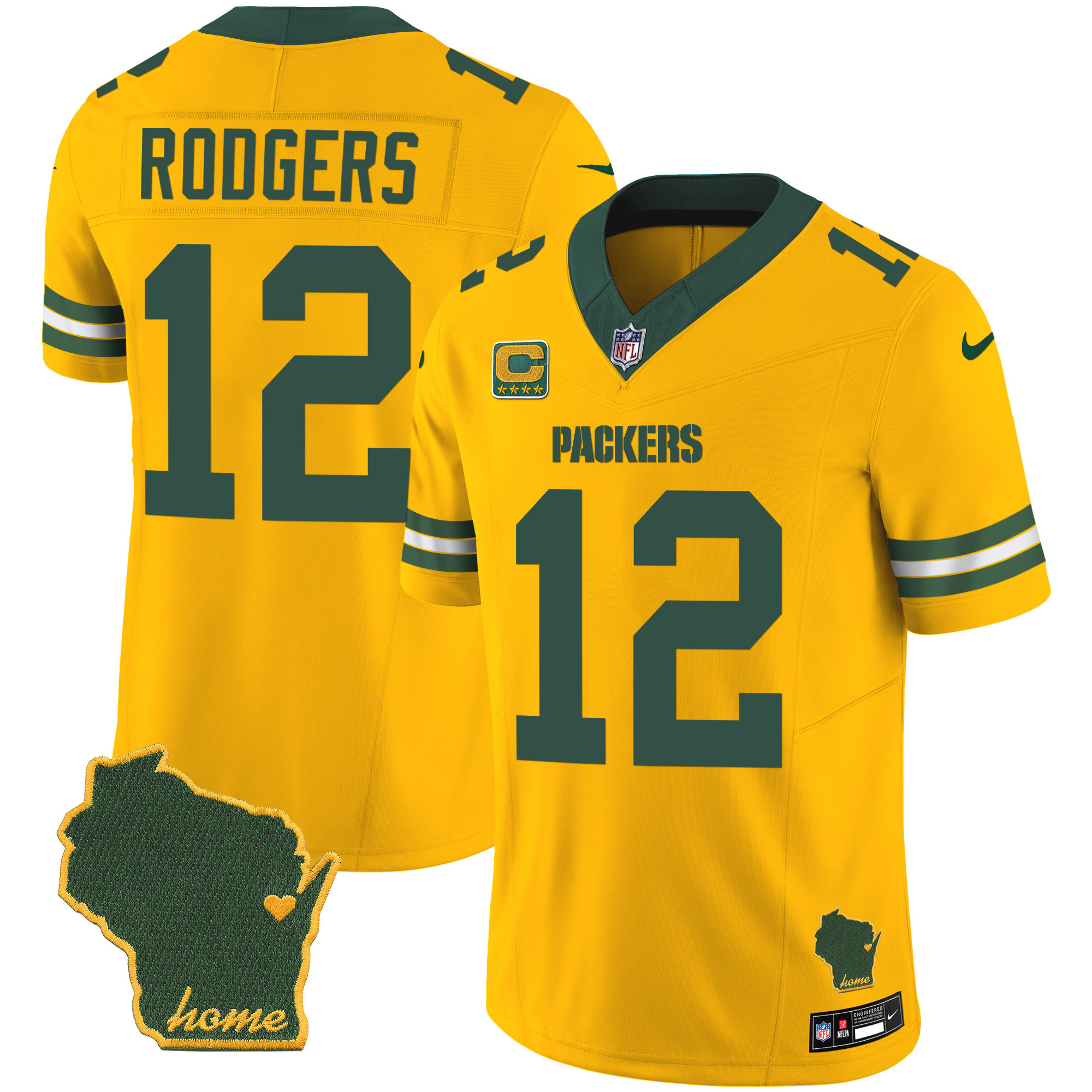 Aaron Rodgers Men's Green Bay Packers Home Patch Vapor Gold Jersey - All Stitched