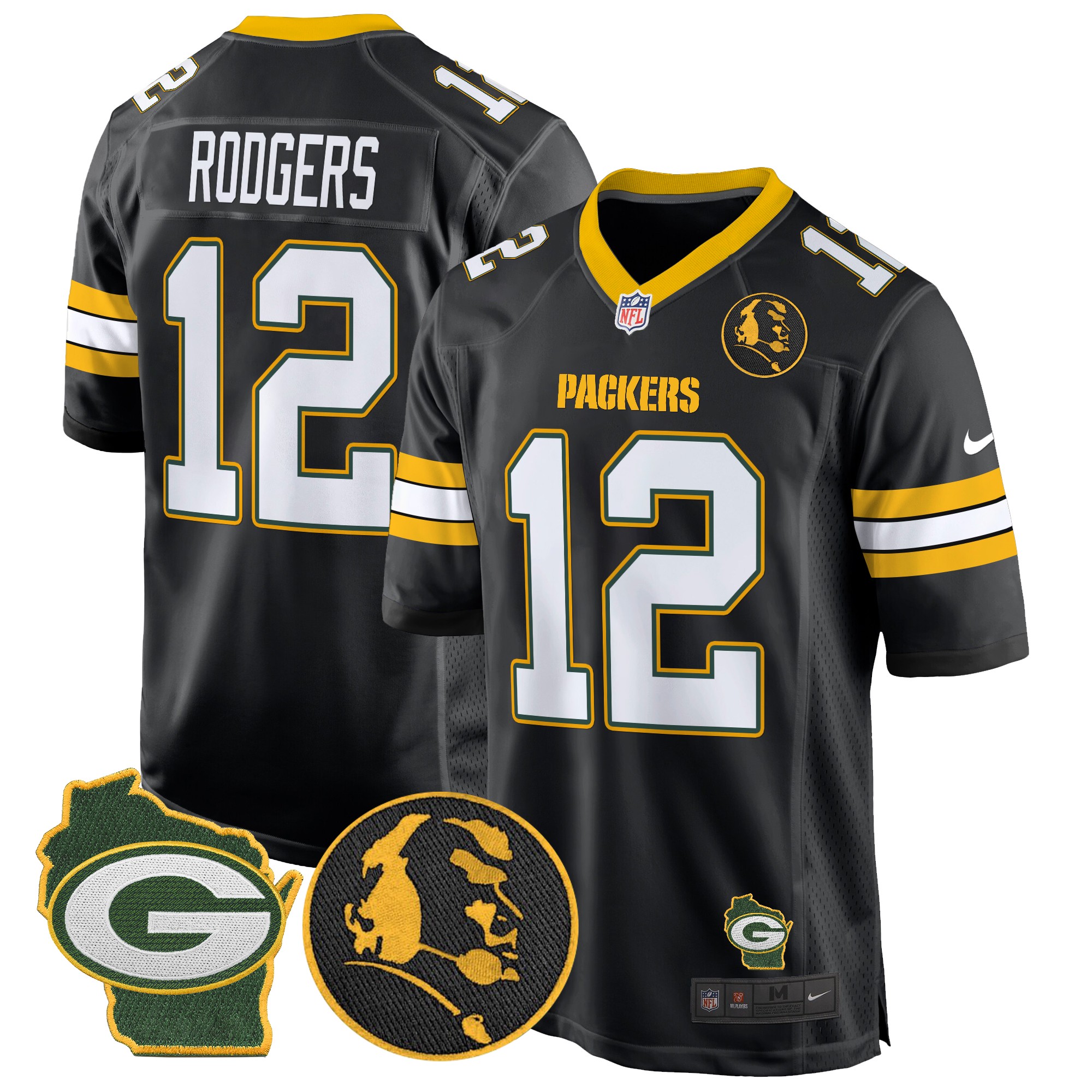 Aaron Rodgers Men's Green Bay Packers John Madden & Home Patch Game Black Jersey - All Stitched
