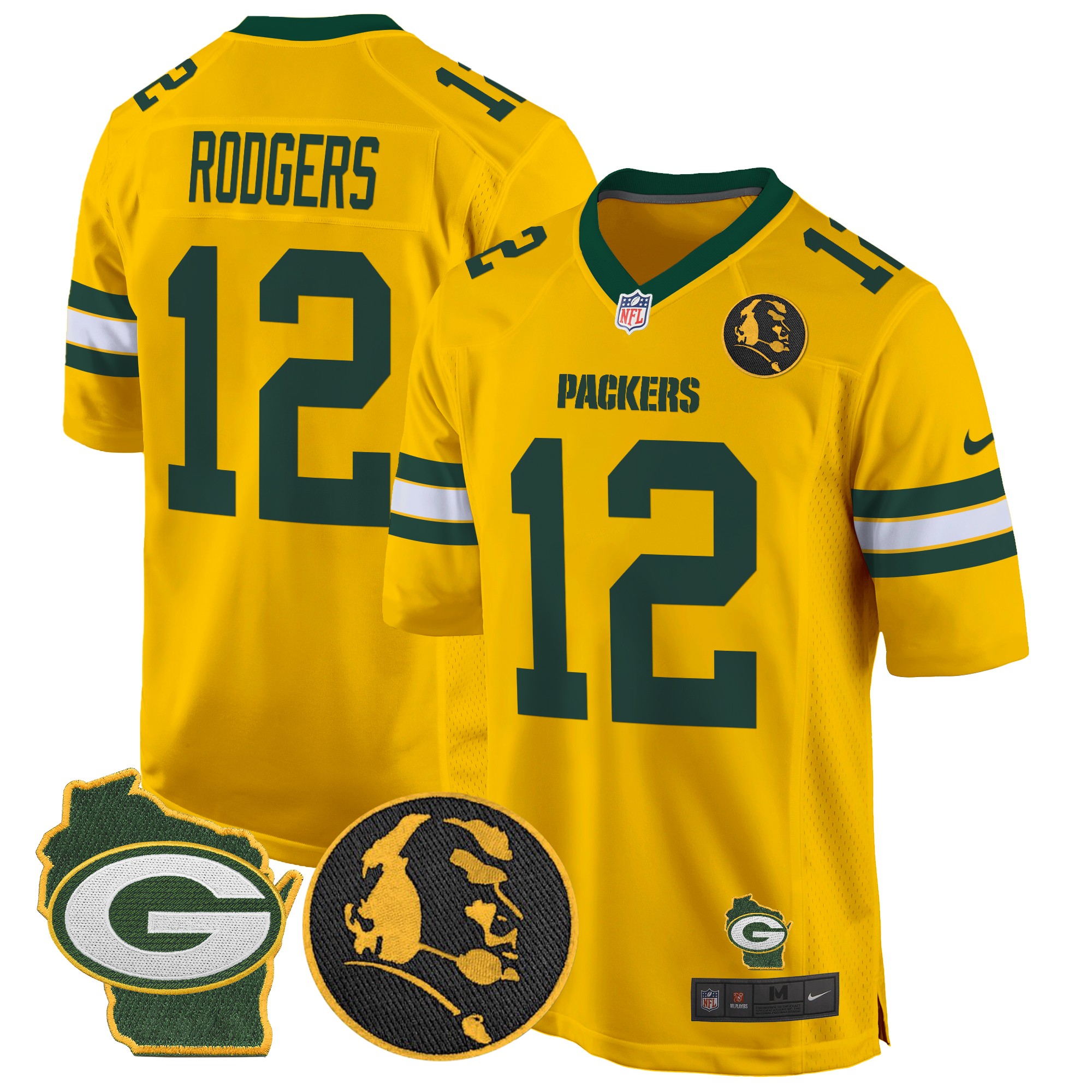 Aaron Rodgers Men's Green Bay Packers John Madden & Home Patch Game Gold Jersey - All Stitched
