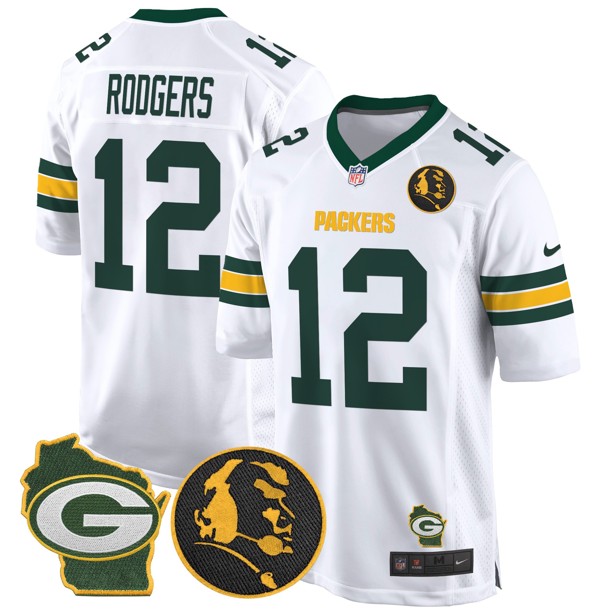 Aaron Rodgers Men's Green Bay Packers John Madden & Home Patch Game White Jersey - All Stitched