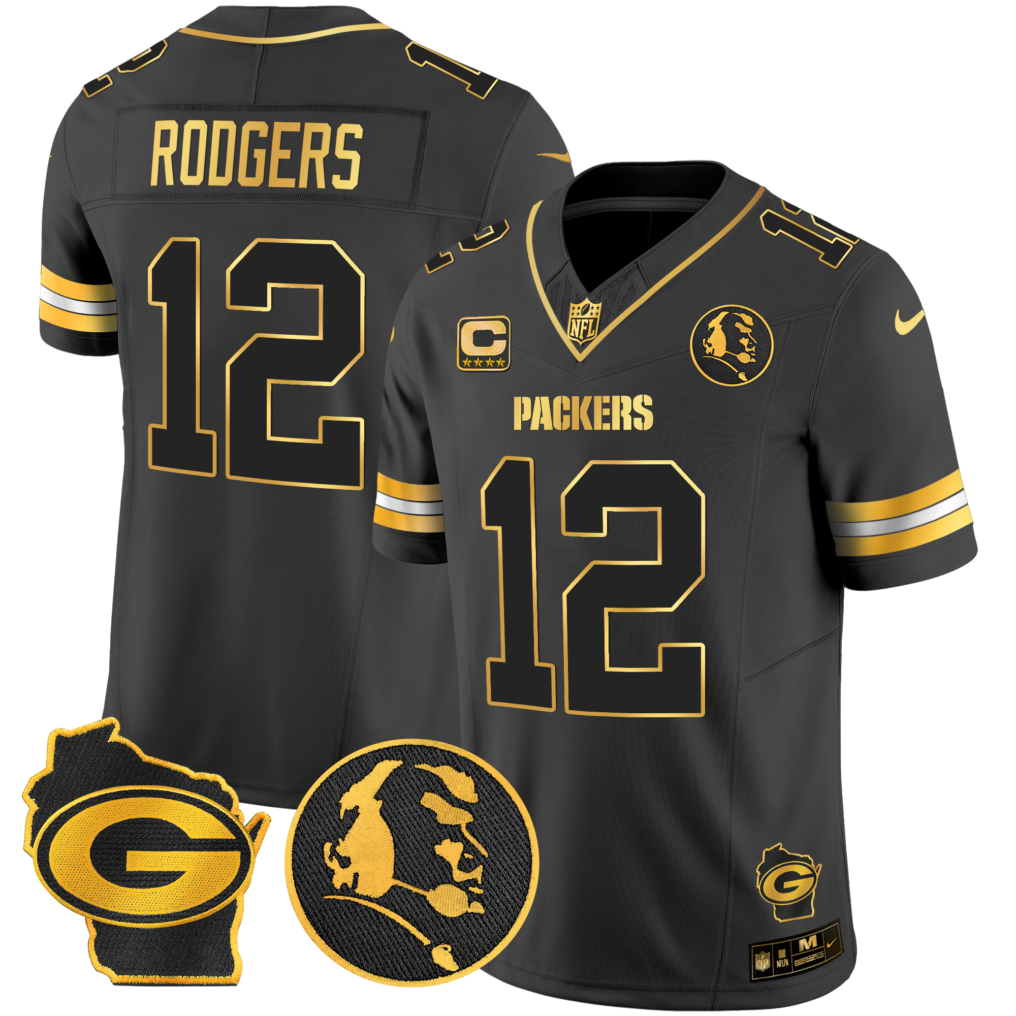 Aaron Rodgers Men's Green Bay Packers John Madden & Home Patch Gold Vapor Limited Black Gold Jersey - All Stitched