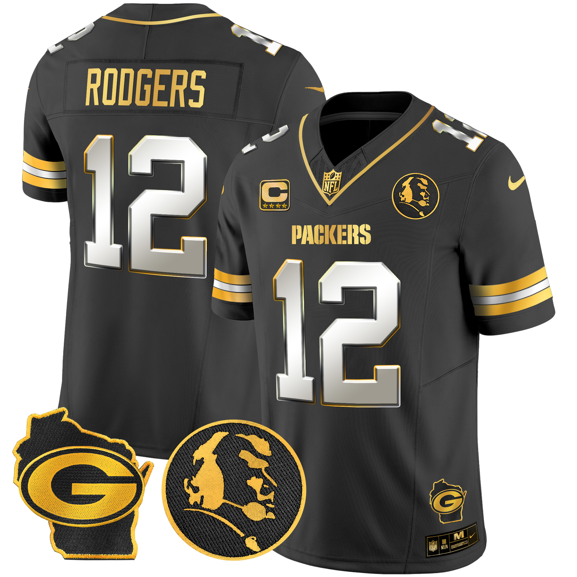 Aaron Rodgers Men's Green Bay Packers John Madden & Home Patch Gold Vapor Limited Black Limited Jersey - All Stitched