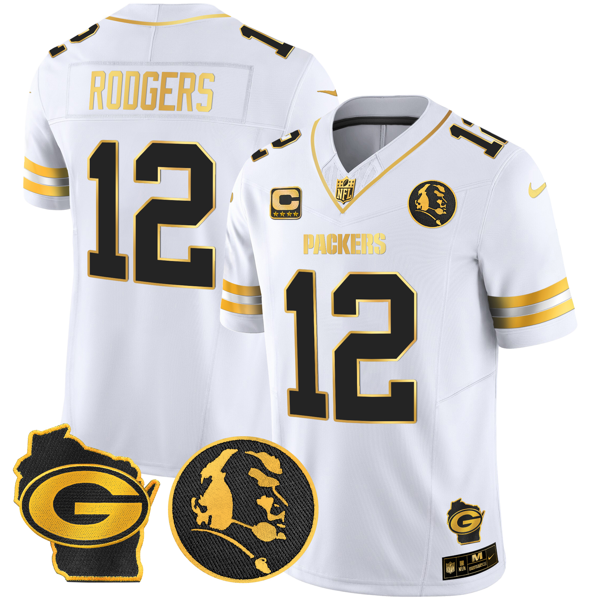 Aaron Rodgers Men's Green Bay Packers John Madden & Home Patch Gold Vapor Limited White Gold Jersey - All Stitched