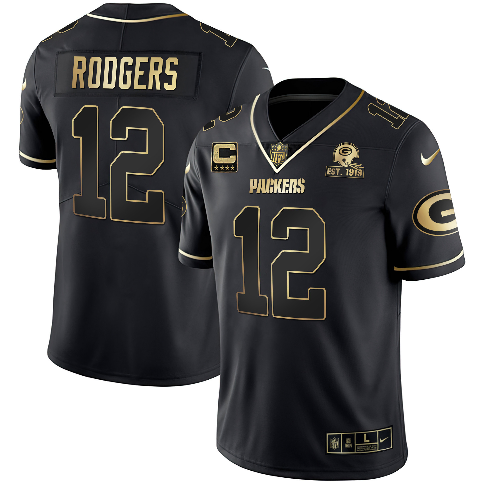 Aaron Rodgers Men's Green Bay Packers White Gold & Black Gold Est 1919 Patch - All Stitched Black Gold Jersey - All Stitched
