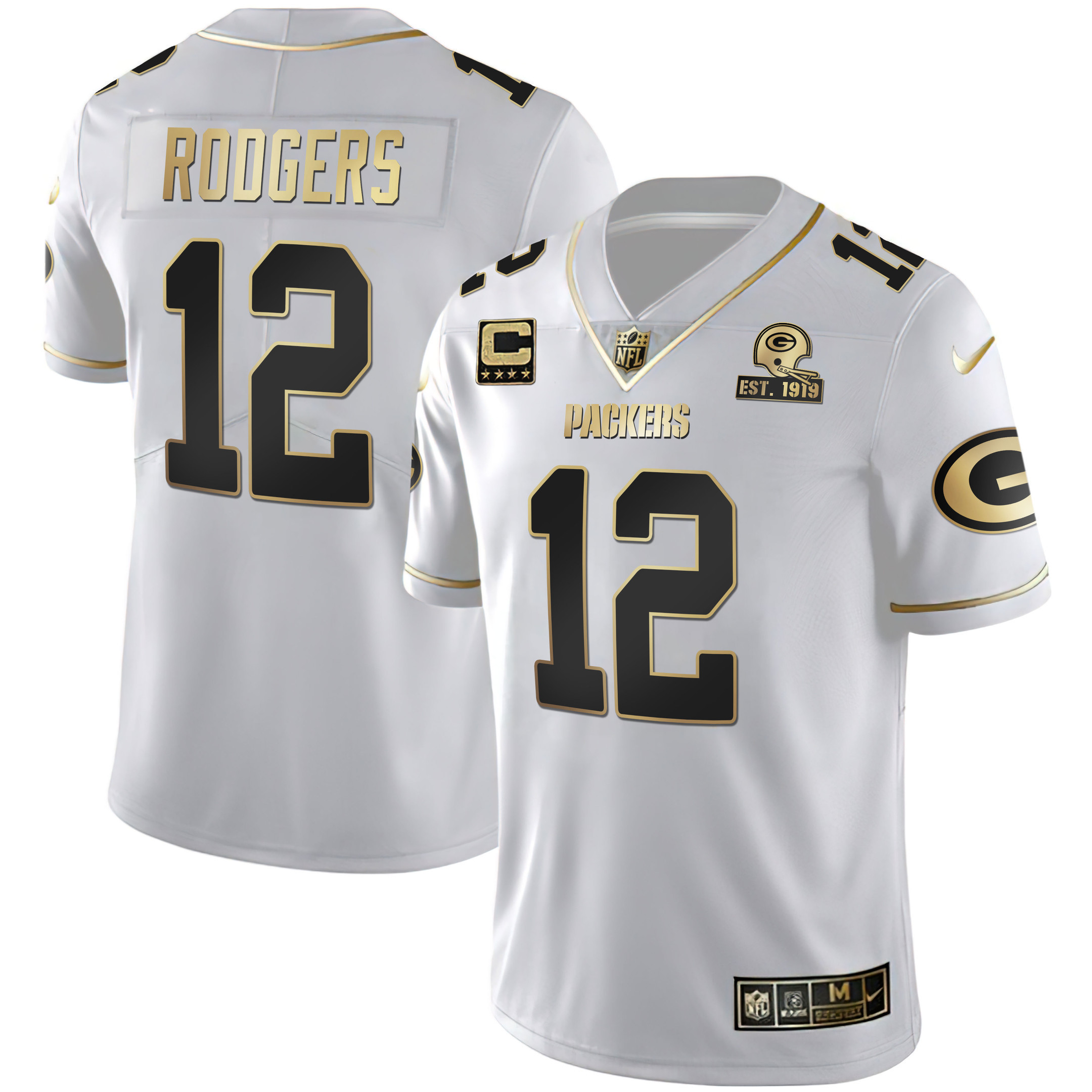 Aaron Rodgers Men's Green Bay Packers White Gold & Black Gold Est 1919 Patch - All Stitched White Gold Jersey - All Stitched