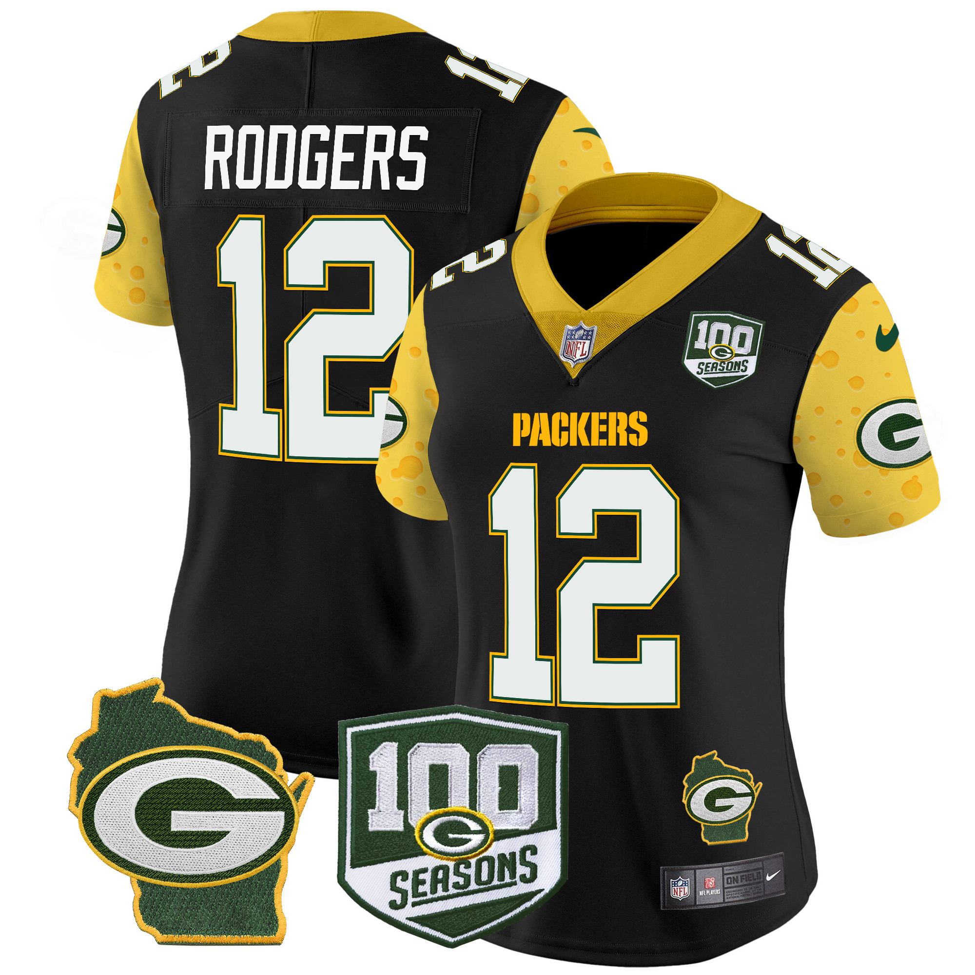 Aaron Rodgers Women's Green Bay Packers 100th Season & Home Patch Cheese Vapor Limited Jersey ÃƒÂ¢Ã¢â€šÂ¬Ã¢â‚¬Å“ All Stitched Black Jersey - All Stitched