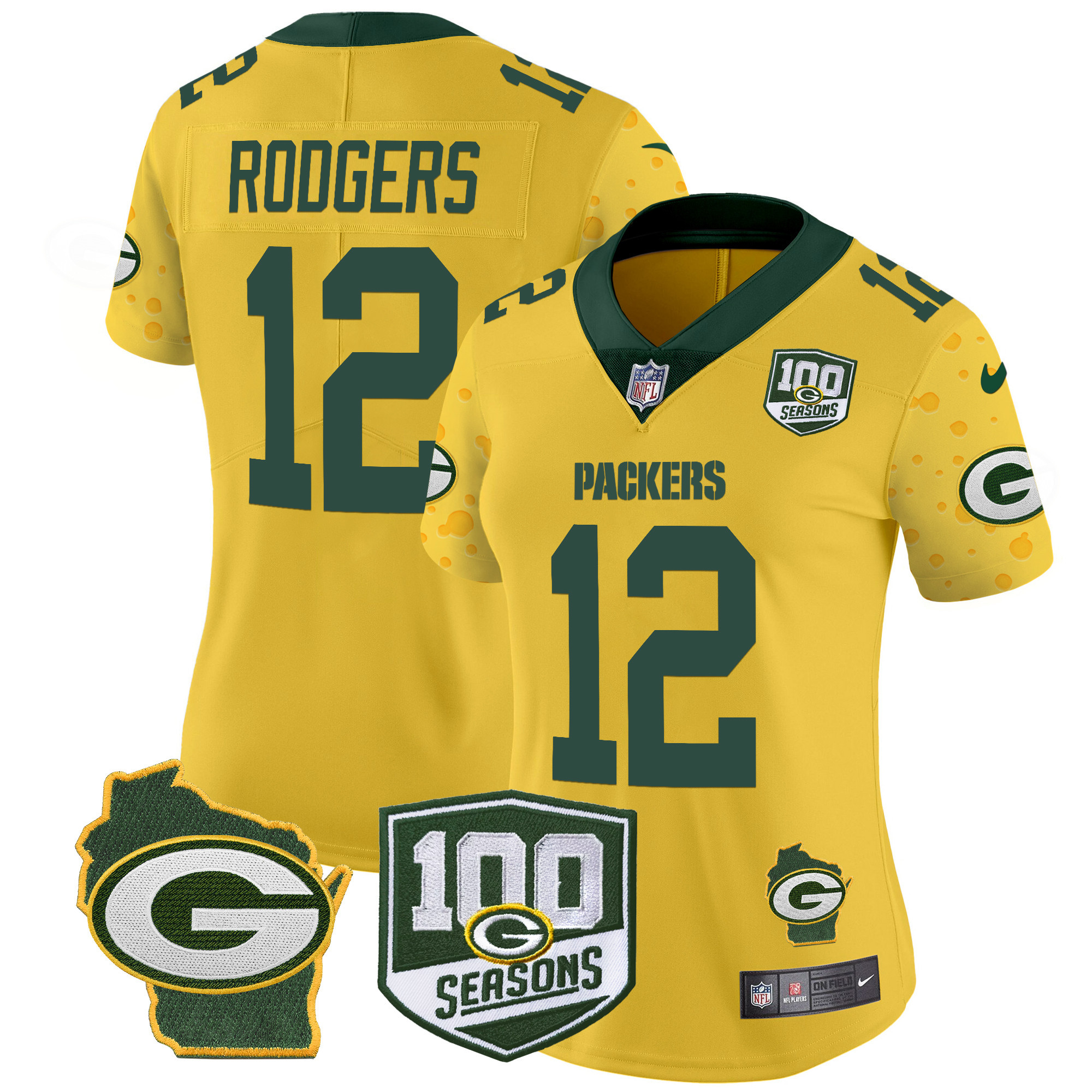 Aaron Rodgers Women's Green Bay Packers 100th Season & Home Patch Cheese Vapor Limited Jersey Ã¢â‚¬â€œ All Stitched Gold Jersey - All Stitched