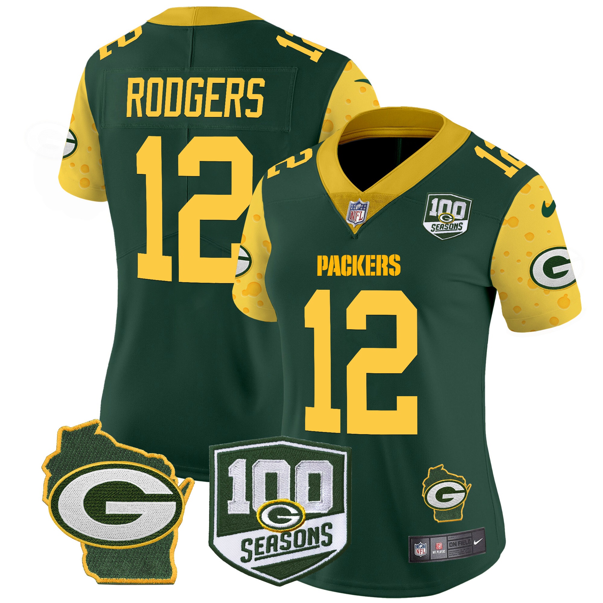 Aaron Rodgers Women's Green Bay Packers 100th Season & Home Patch Cheese Vapor Limited Jersey Ã¢â‚¬â€œ All Stitched Green Jersey - All Stitched