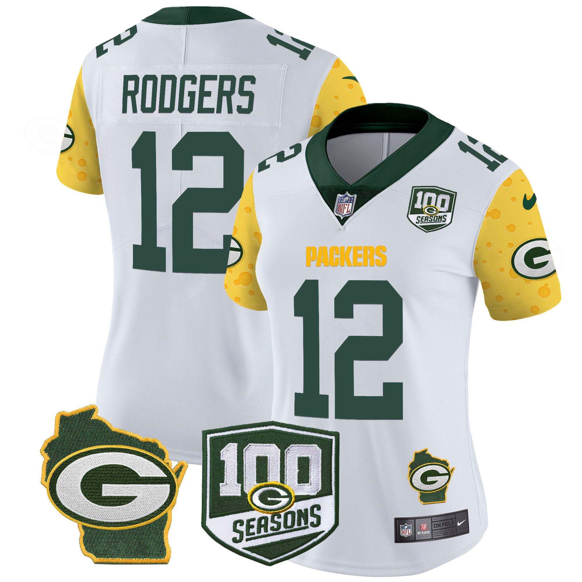 Aaron Rodgers Women's Green Bay Packers 100th Season & Home Patch Cheese Vapor Limited Jersey Ã¢â‚¬â€œ All Stitched White Jersey - All Stitched