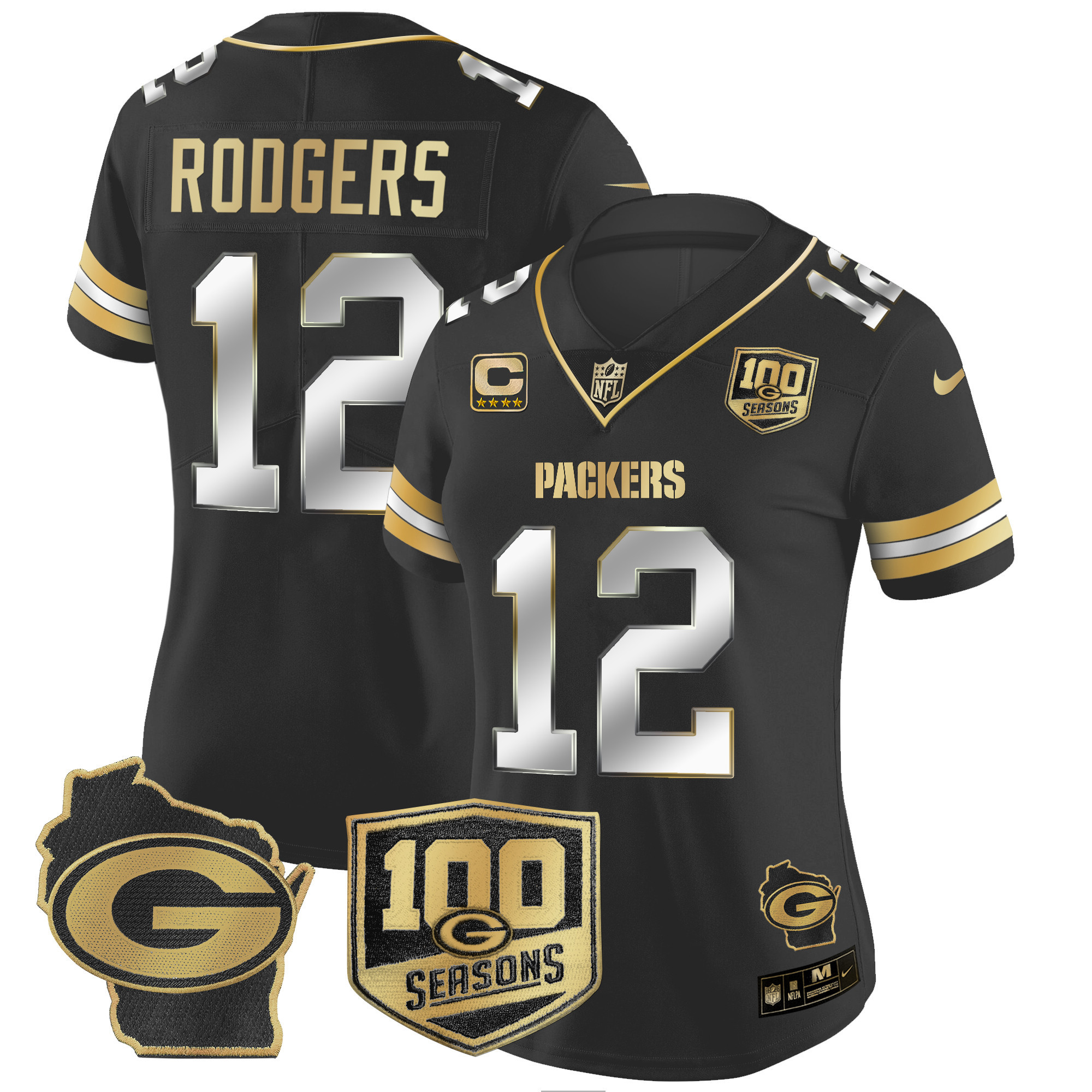 Aaron Rodgers Women's Green Bay Packers 100th Season & Home Patch Gold Vapor Limited Jersey ÃƒÂ¢Ã¢â€šÂ¬Ã¢â‚¬Å“ All Stitched Black Limited Jersey - All Stitched
