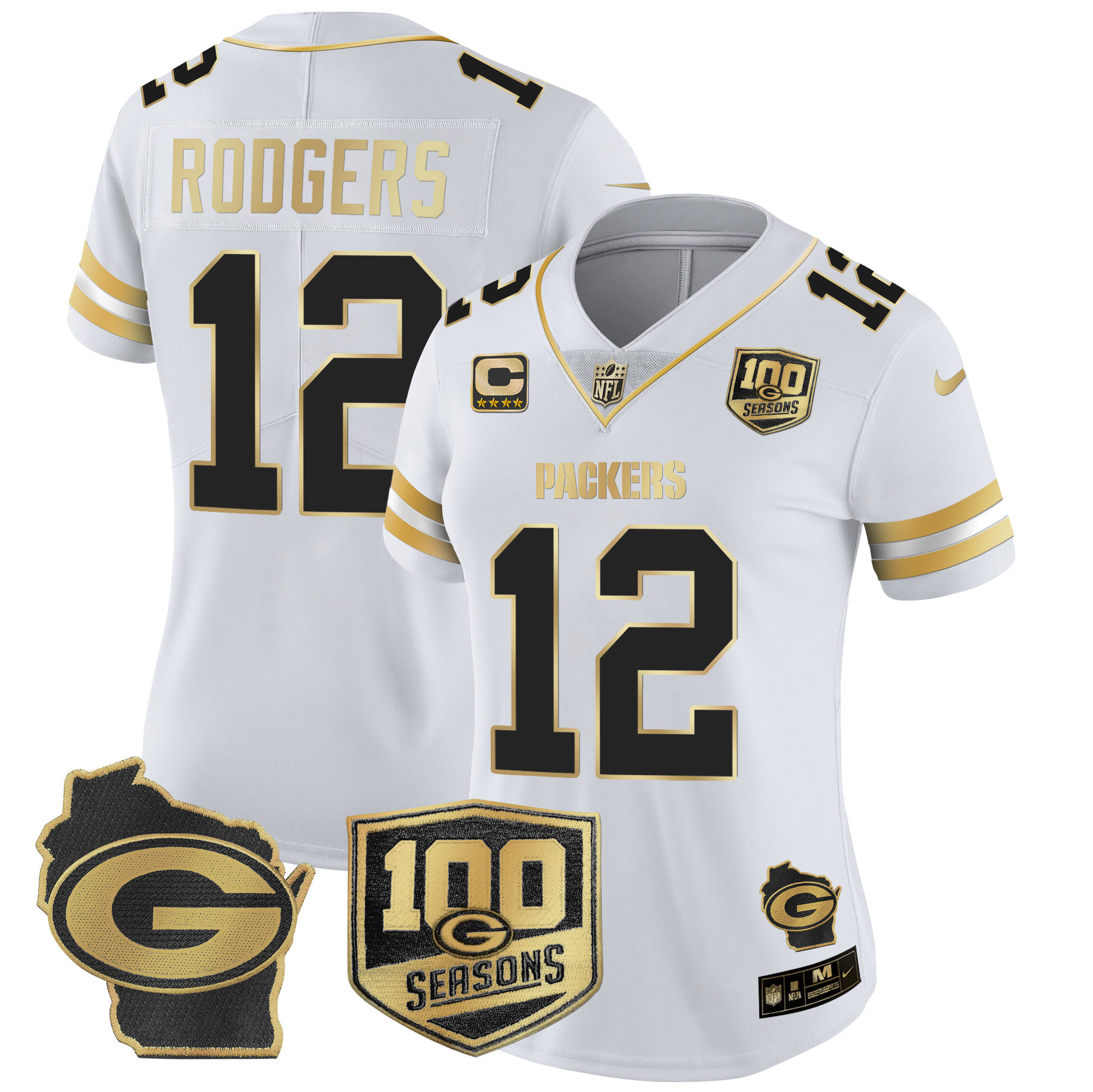 Aaron Rodgers Women's Green Bay Packers 100th Season & Home Patch Gold Vapor Limited Jersey Ã¢â‚¬â€œ All Stitched White Gold Jersey - All Stitched