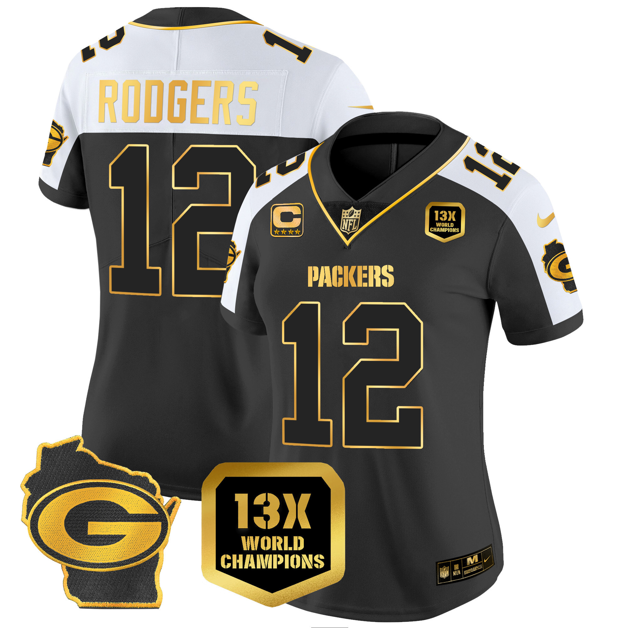 Aaron Rodgers Women's Green Bay Packers 13 Time World Champions & Home Patch Gold Vapor Jersey Ã¯Â¿Â½ All Stitched Alternate Jersey - All Stitched