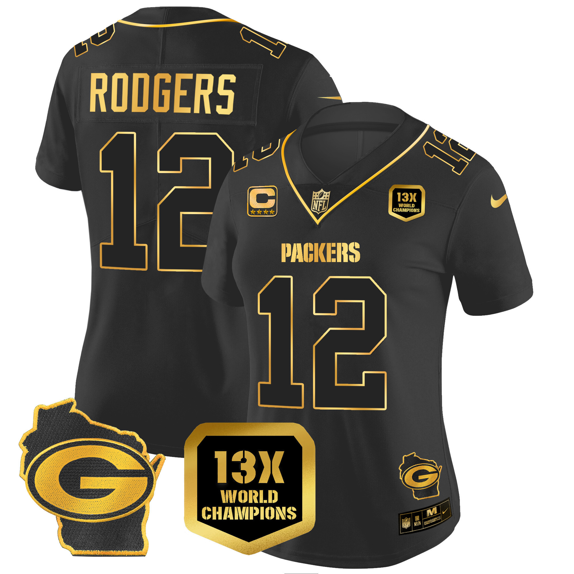Aaron Rodgers Women's Green Bay Packers 13 Time World Champions & Home Patch Gold Vapor Jersey Ã¯Â¿Â½ All Stitched Black Gold Jersey - All Stitched