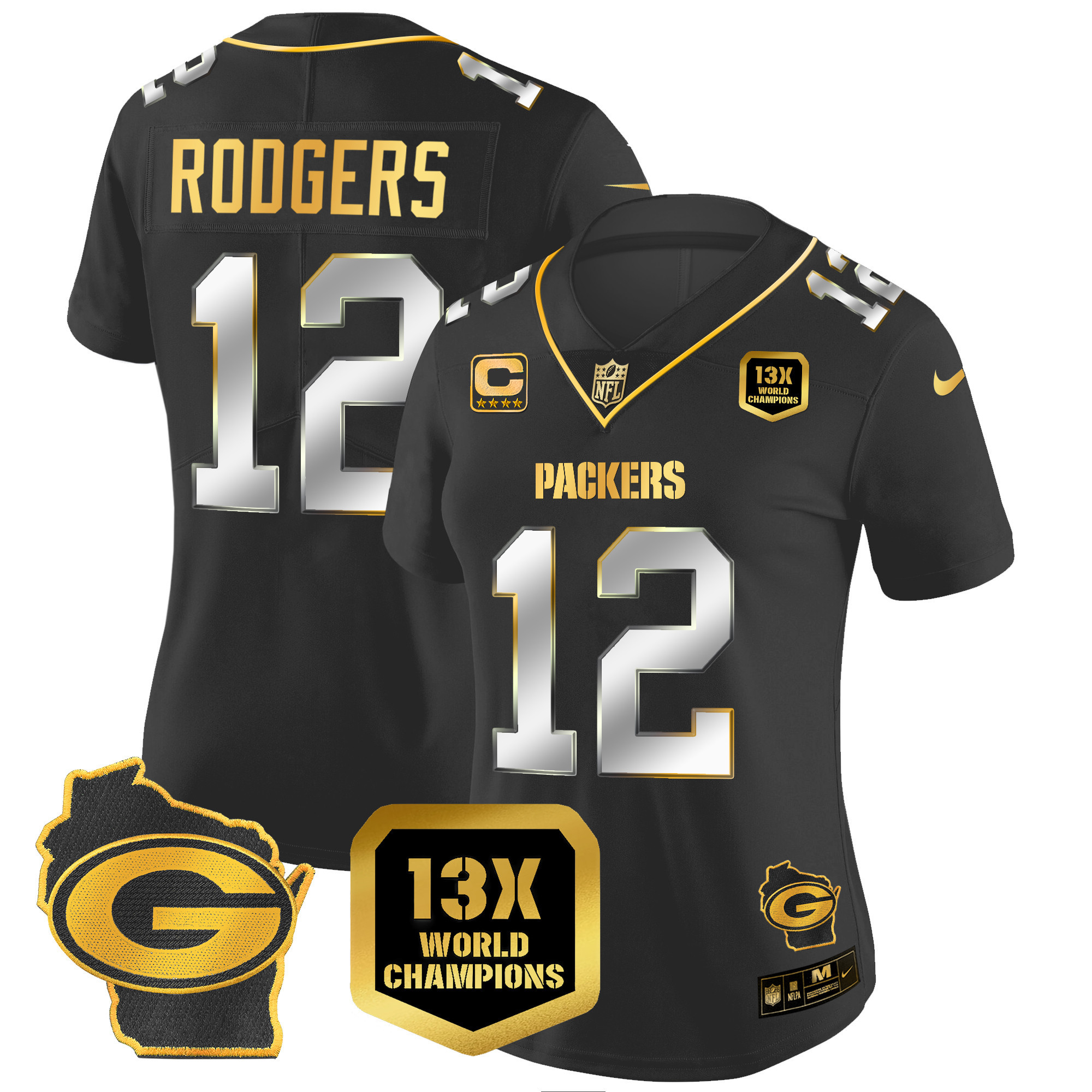 Aaron Rodgers Women's Green Bay Packers 13 Time World Champions & Home Patch Gold Vapor Jersey Ã¯Â¿Â½ All Stitched Black Limited Jersey - All Stitched