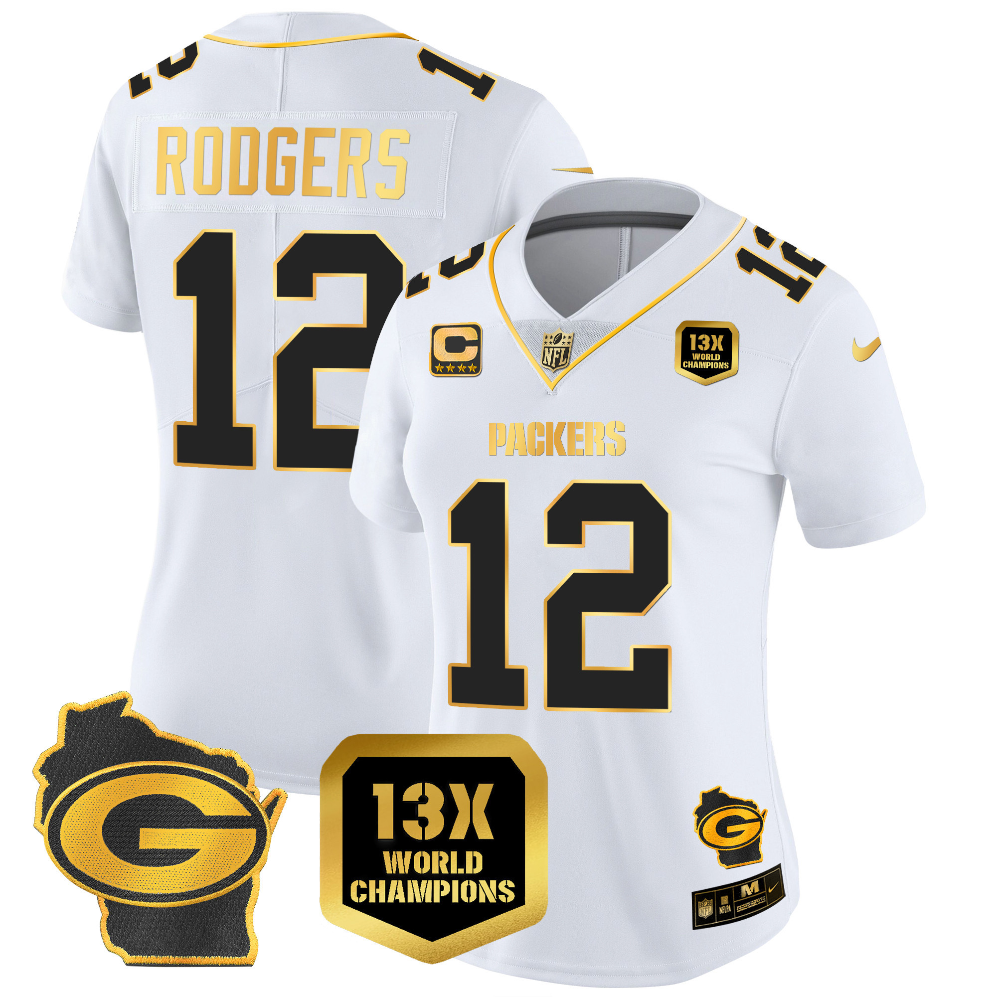 Aaron Rodgers Women's Green Bay Packers 13 Time World Champions & Home Patch Gold Vapor Jersey Ã¯Â¿Â½ All Stitched White Gold Jersey - All Stitched