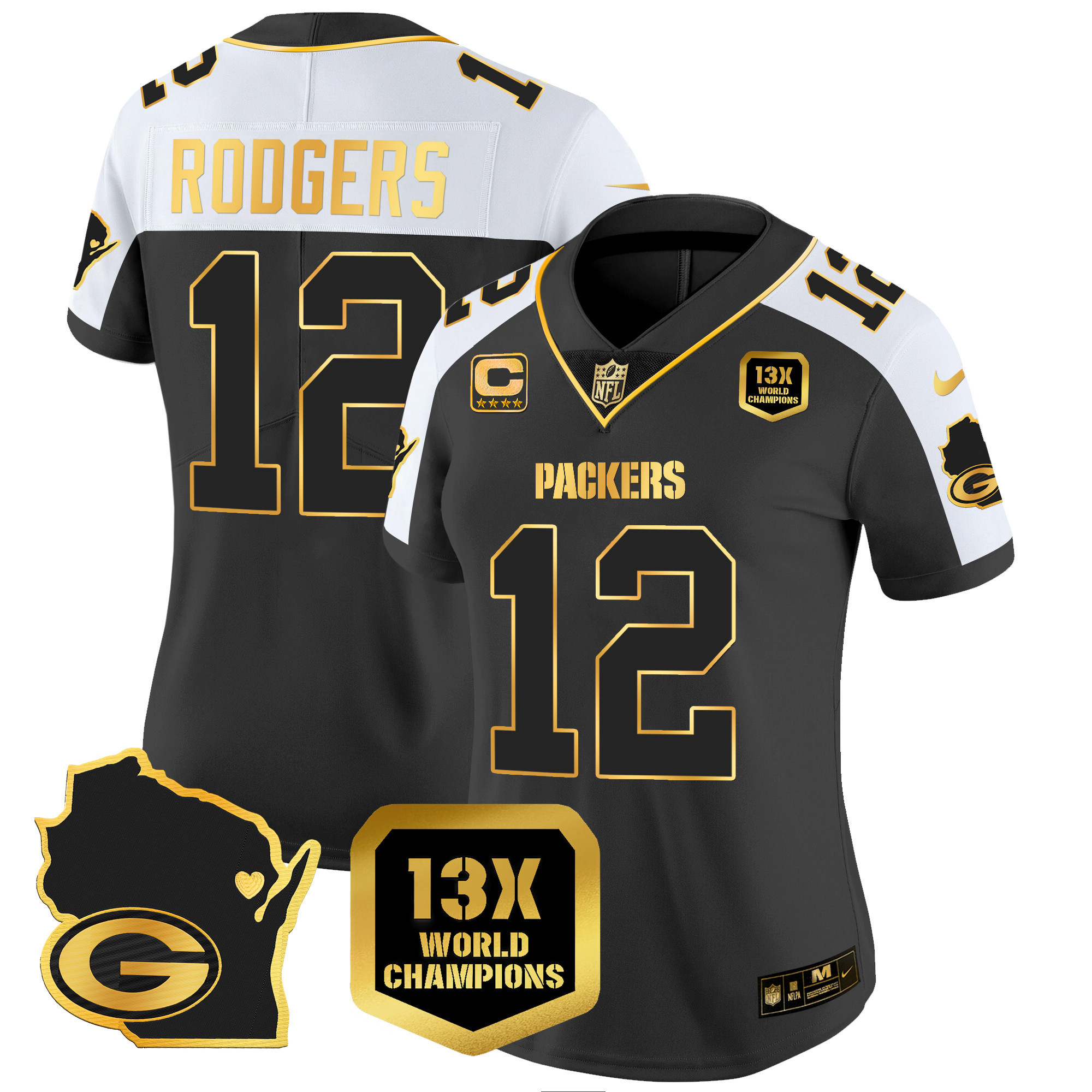 Aaron Rodgers Women's Green Bay Packers 13 Time World Champions & Home Patch Gold Vapor Jersey V2 Ã¯Â¿Â½ All Stitched Alternate Jersey - All Stitched