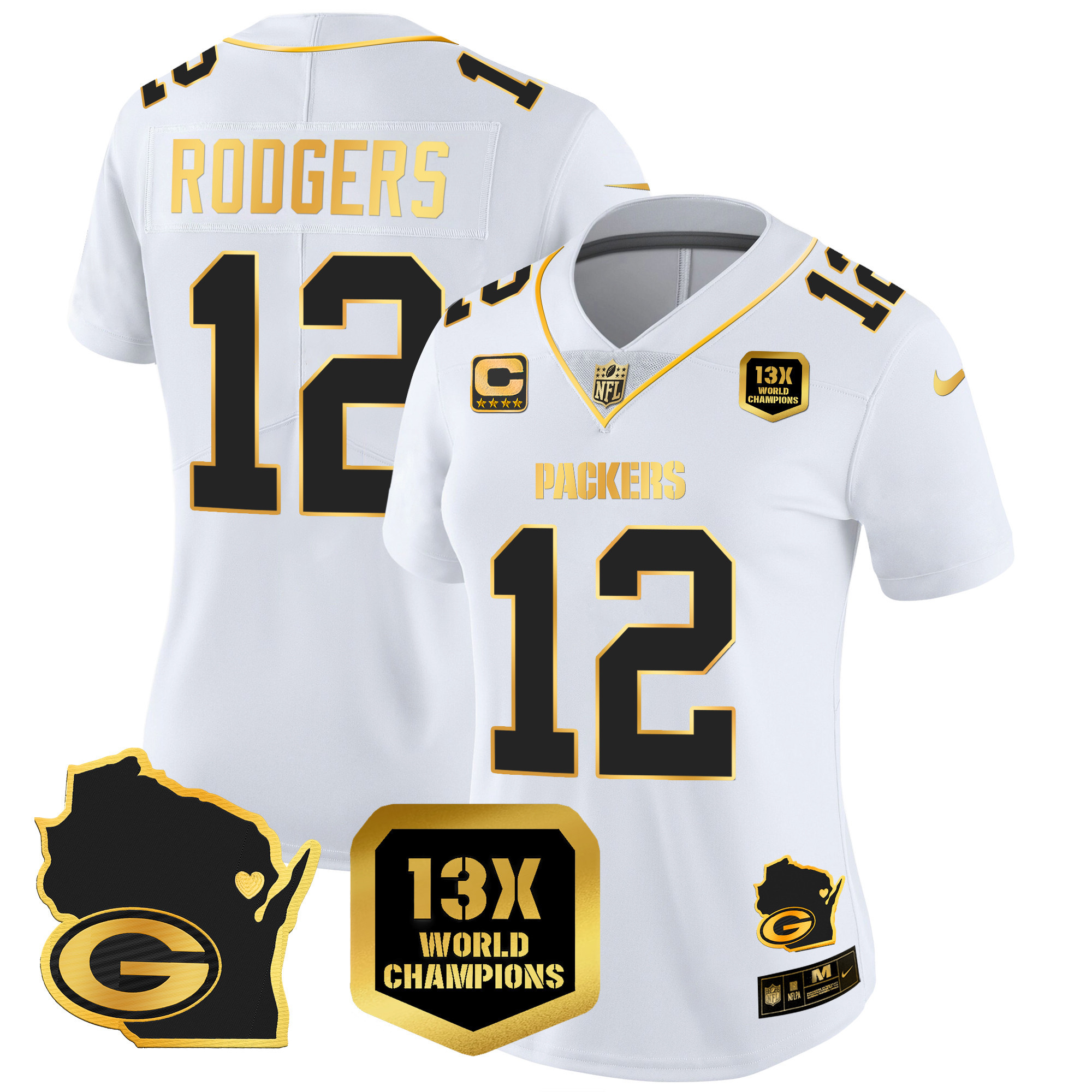 Aaron Rodgers Women's Green Bay Packers 13 Time World Champions & Home Patch Gold Vapor Jersey V2 Ã¯Â¿Â½ All Stitched White Gold Jersey - All Stitched