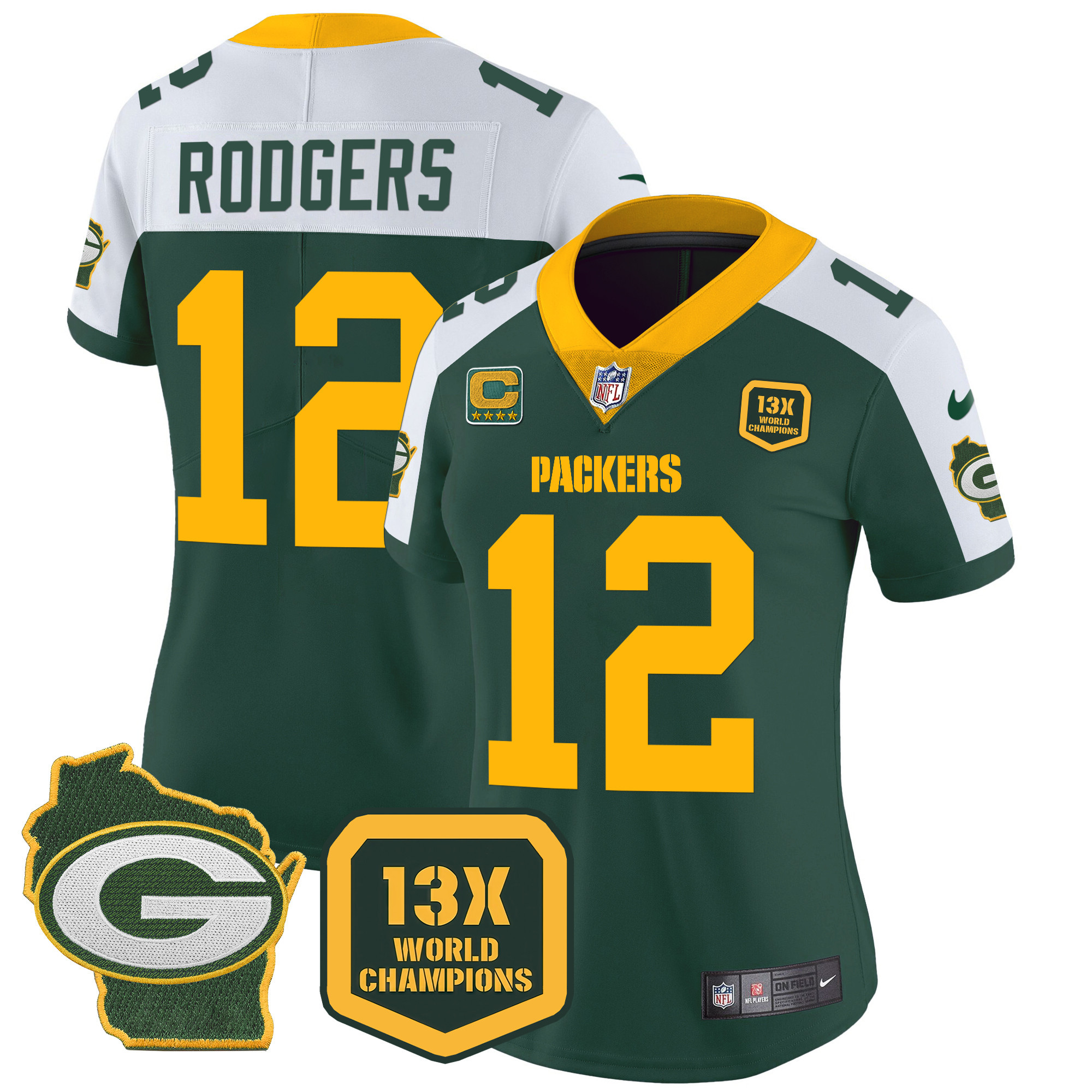 Aaron Rodgers Women's Green Bay Packers 13 Time World Champions & Home Patch Vapor Jersey Ã¯Â¿Â½ All Stitched Alternate Jersey - All Stitched