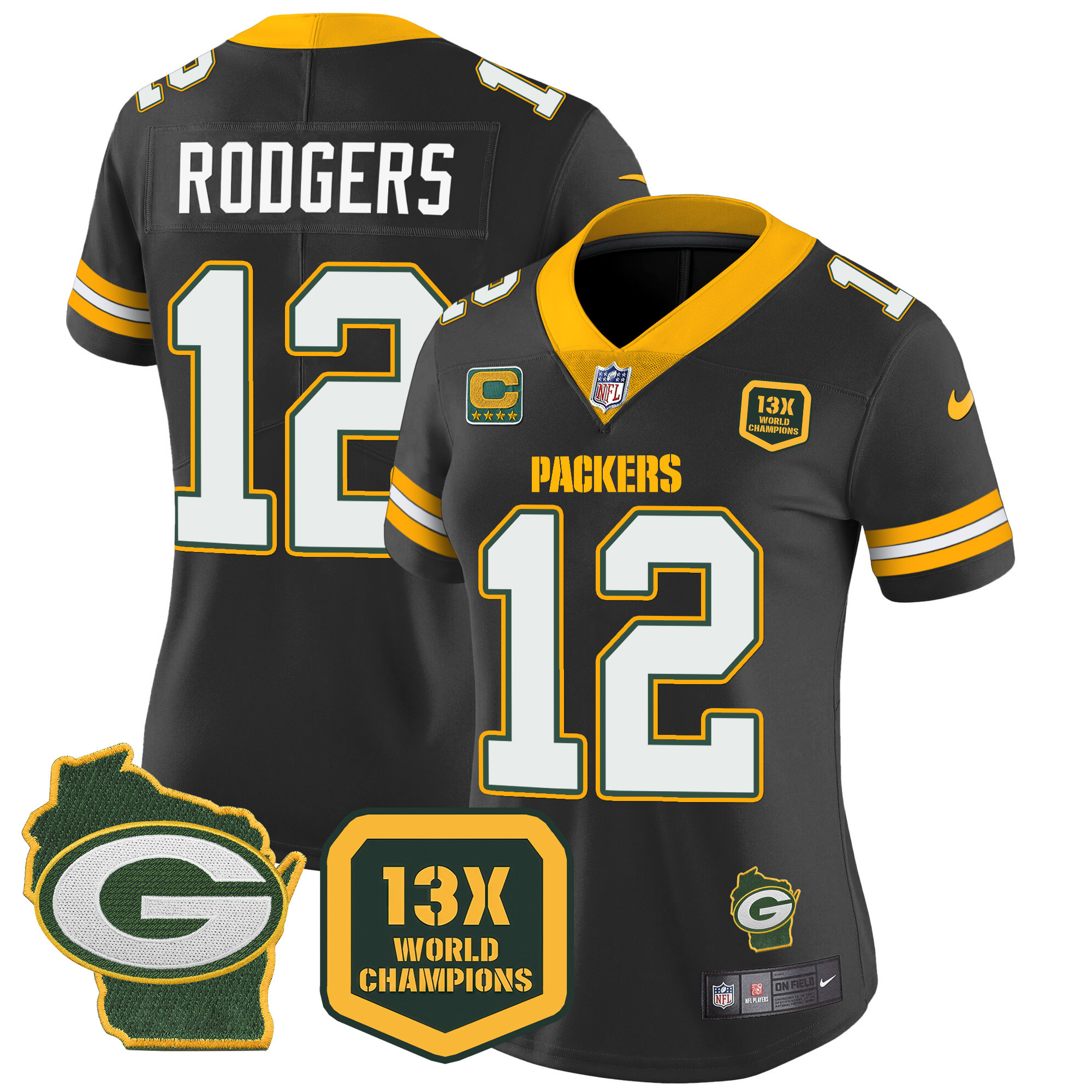 Aaron Rodgers Women's Green Bay Packers 13 Time World Champions & Home Patch Vapor Jersey Ã¯Â¿Â½ All Stitched Black Jersey - All Stitched