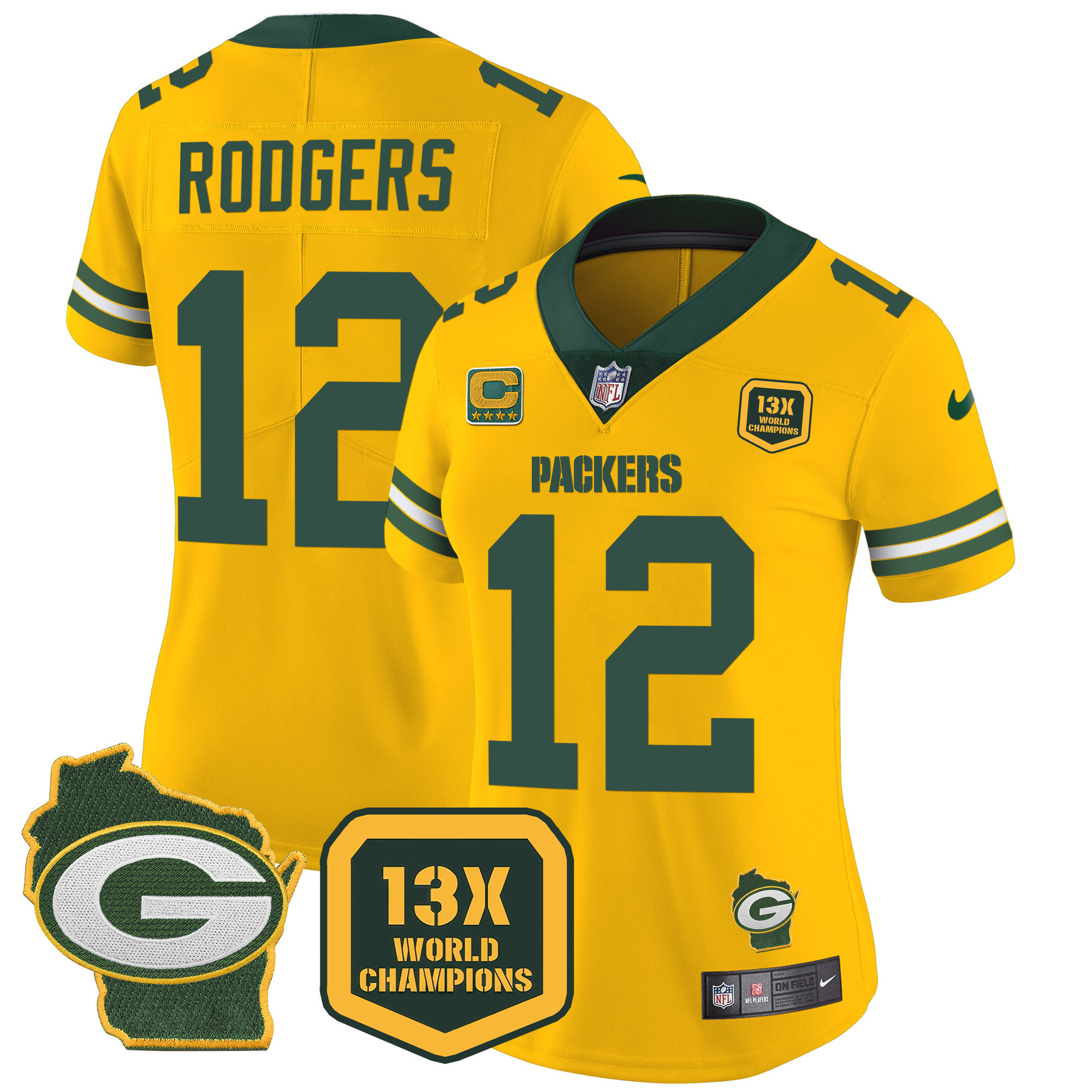 Aaron Rodgers Women's Green Bay Packers 13 Time World Champions & Home Patch Vapor Jersey Ã¯Â¿Â½ All Stitched Gold Jersey - All Stitched