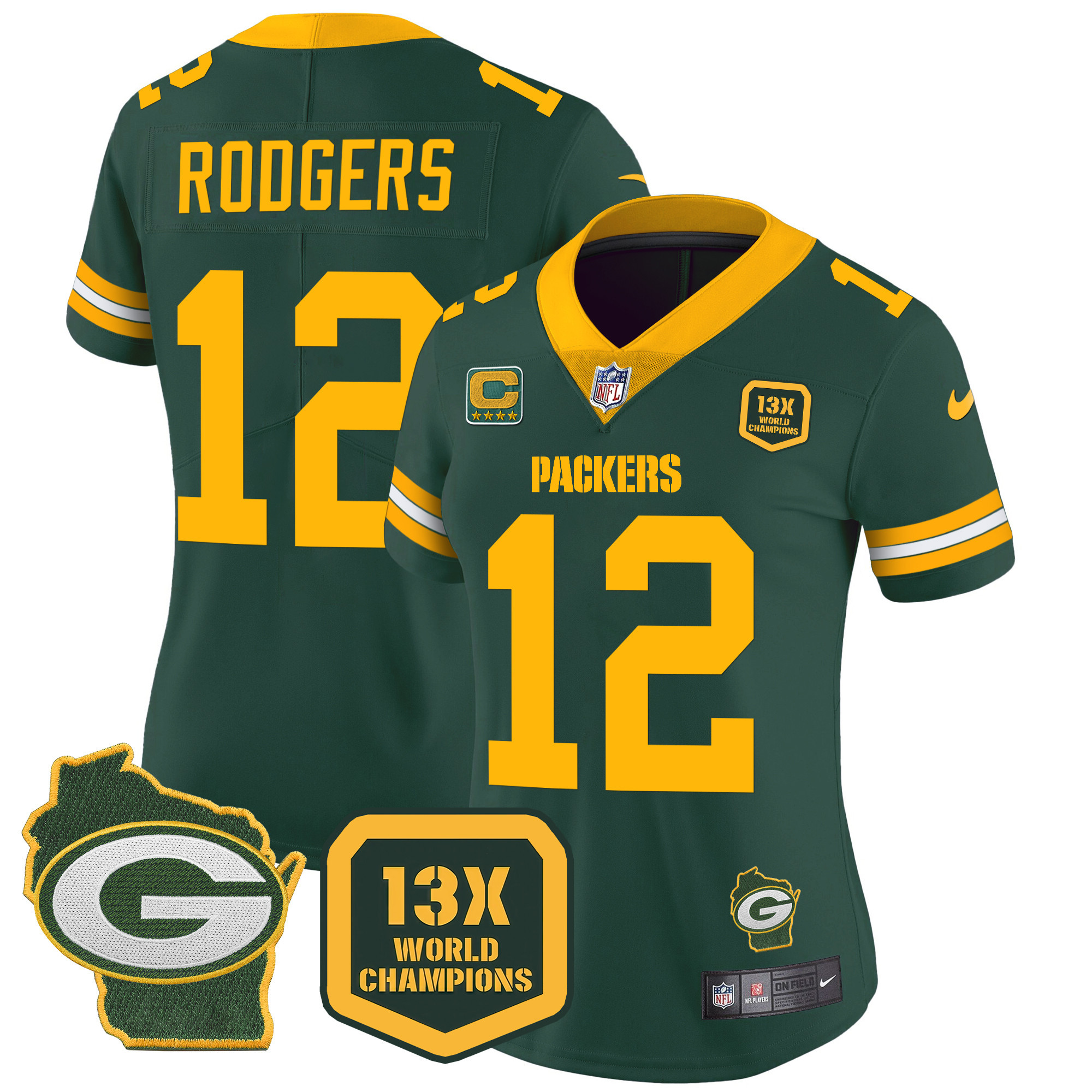 Aaron Rodgers Women's Green Bay Packers 13 Time World Champions & Home Patch Vapor Jersey Ã¯Â¿Â½ All Stitched Green Jersey - All Stitched