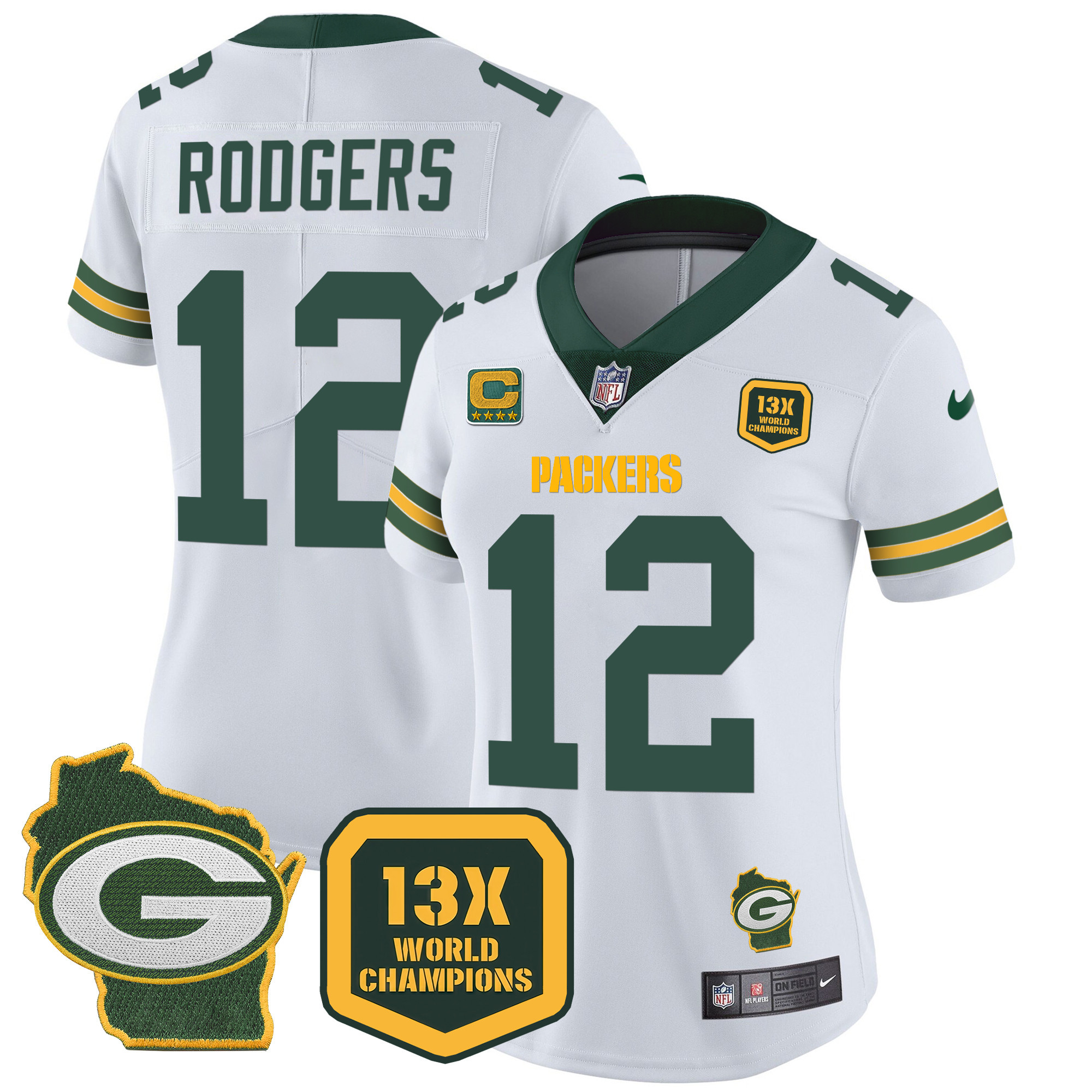 Aaron Rodgers Women's Green Bay Packers 13 Time World Champions & Home Patch Vapor Jersey Ã¯Â¿Â½ All Stitched White Jersey - All Stitched