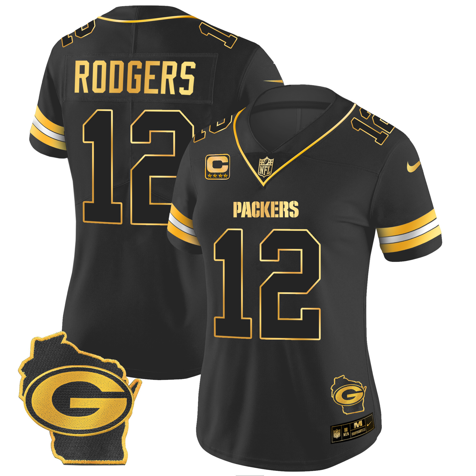 Aaron Rodgers Women's Green Bay Packers Home Patch Gold Vapor Black Gold Jersey - All Stitched