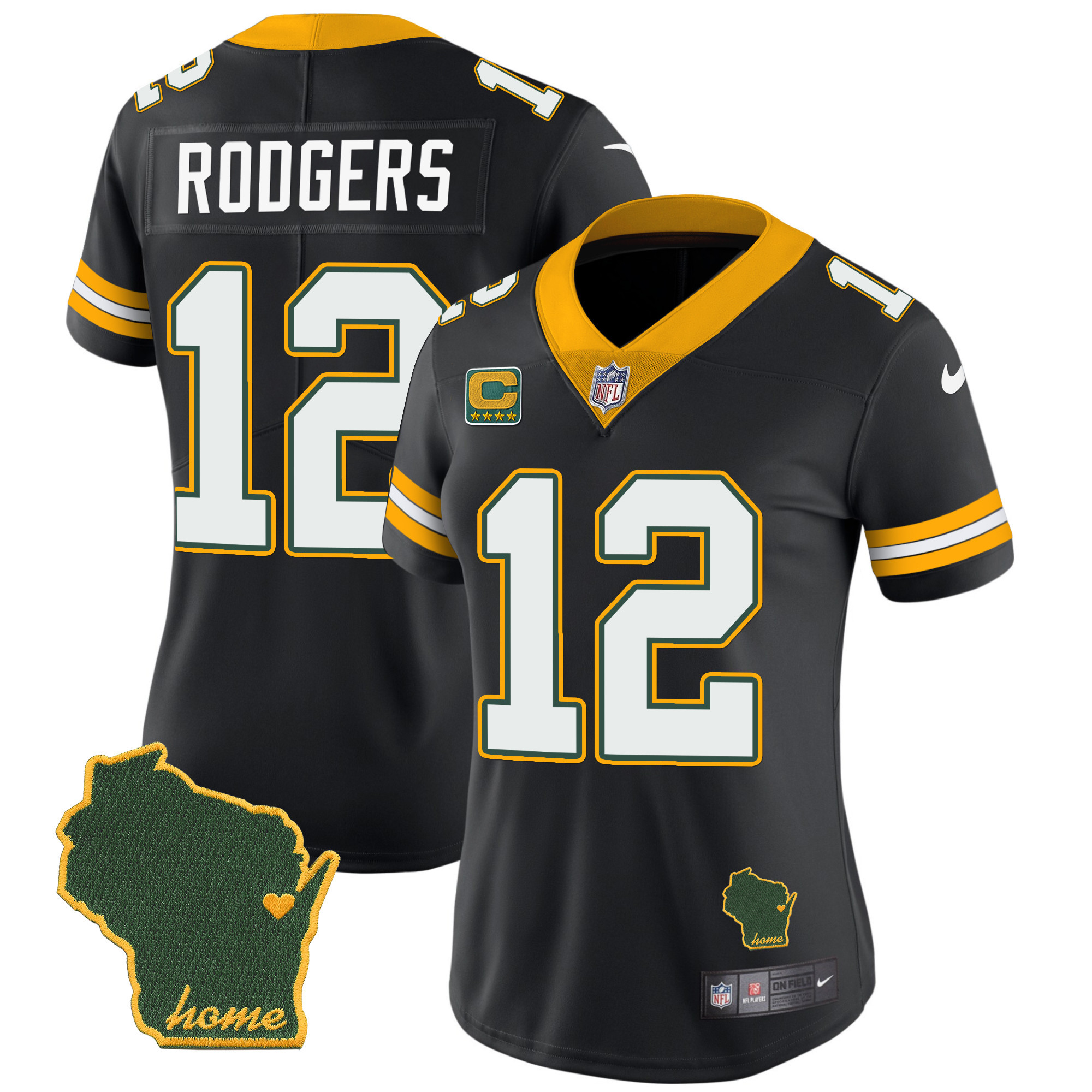 Aaron Rodgers Women's Green Bay Packers Home Patch Vapor Black Jersey - All Stitched