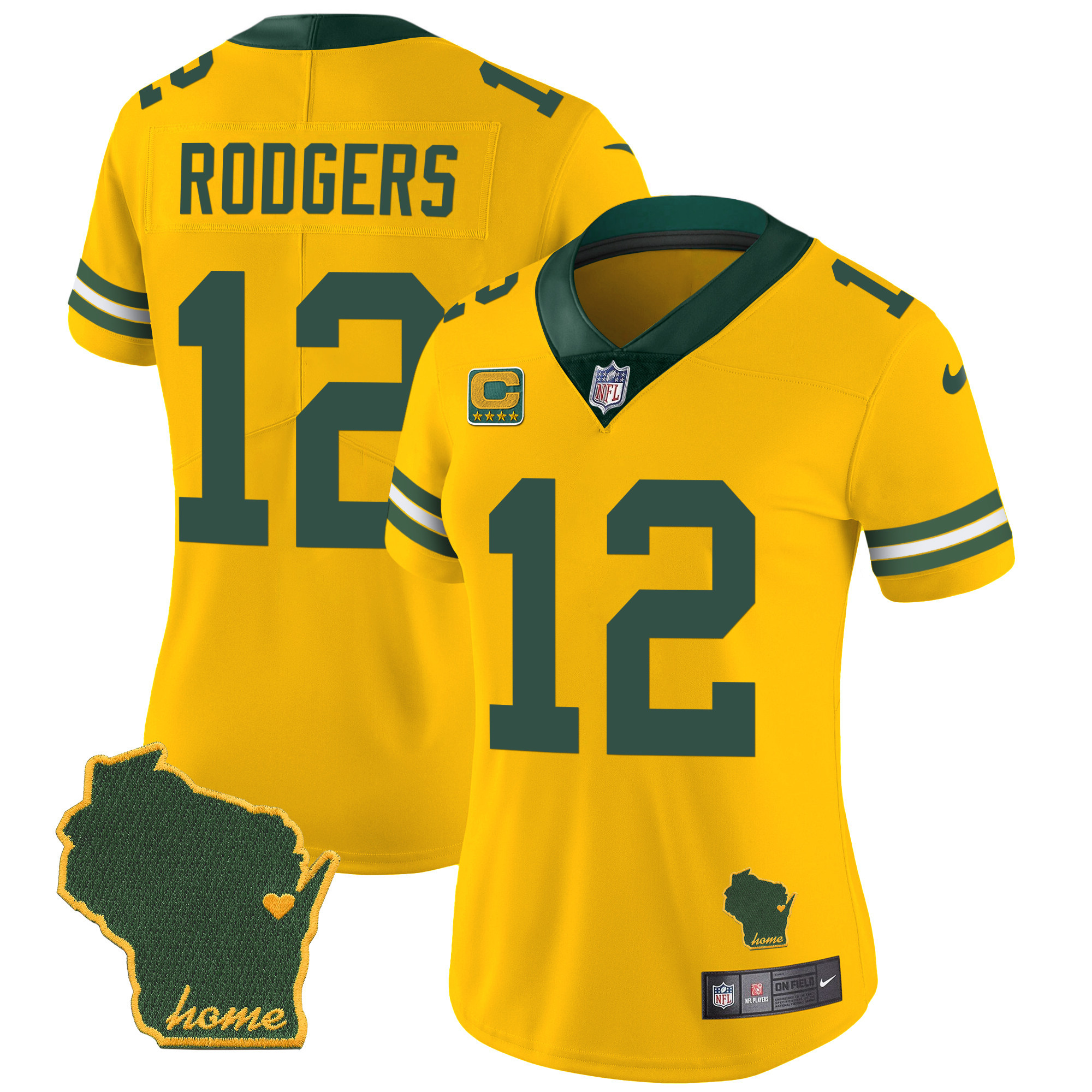 Aaron Rodgers Women's Green Bay Packers Home Patch Vapor Gold Jersey - All Stitched