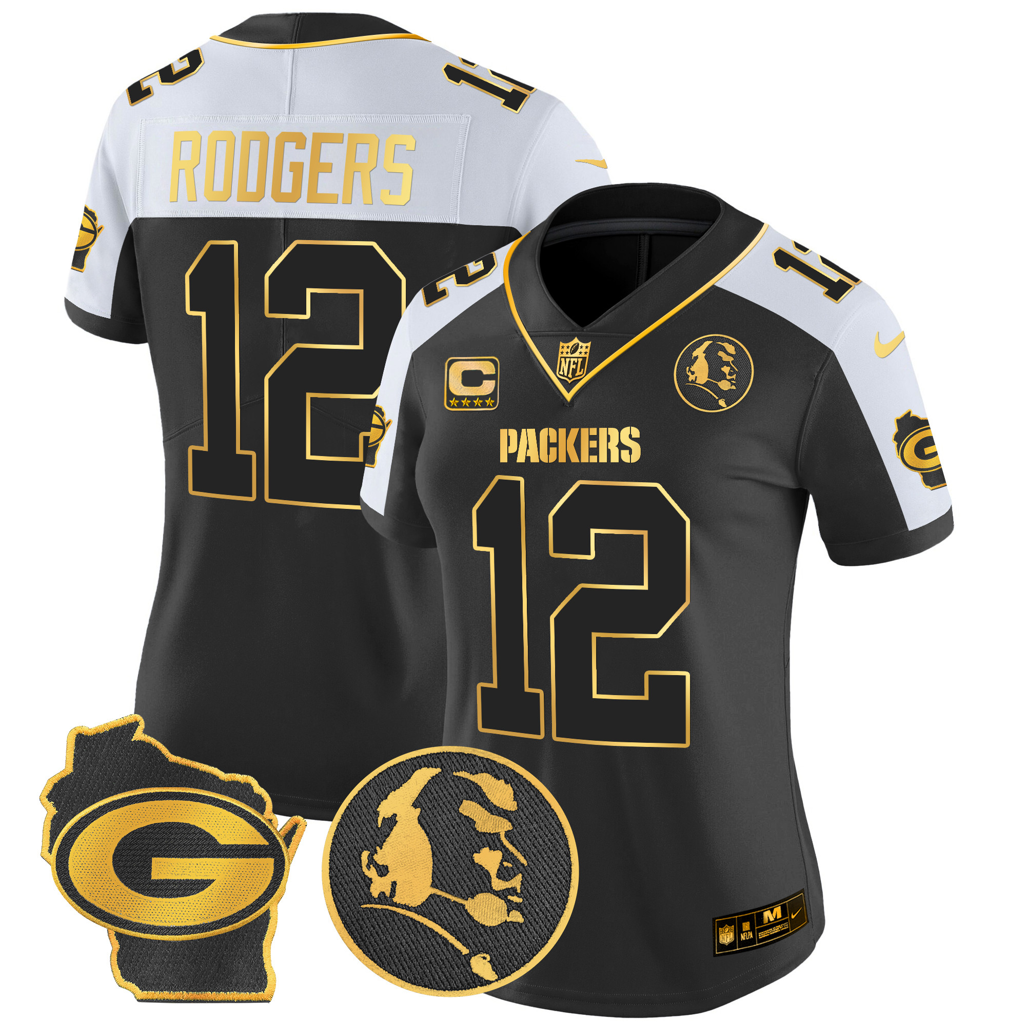 Aaron Rodgers Women's Green Bay Packers John Madden & Home Patch Gold Vapor Limited Alternate Jersey - All Stitched