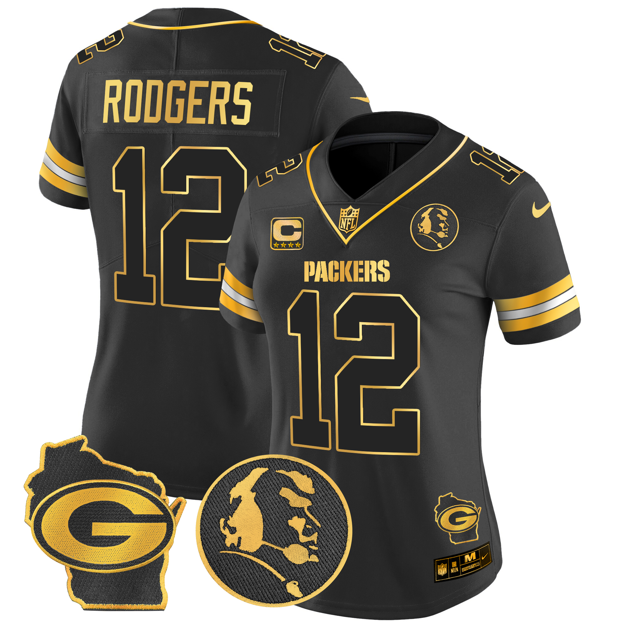 Aaron Rodgers Women's Green Bay Packers John Madden & Home Patch Gold Vapor Limited Black Gold Jersey - All Stitched