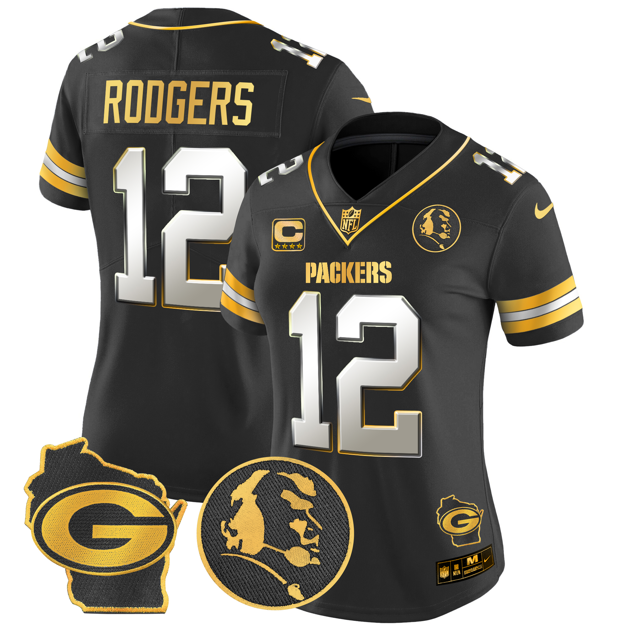 Aaron Rodgers Women's Green Bay Packers John Madden & Home Patch Gold Vapor Limited Black Limited Jersey - All Stitched