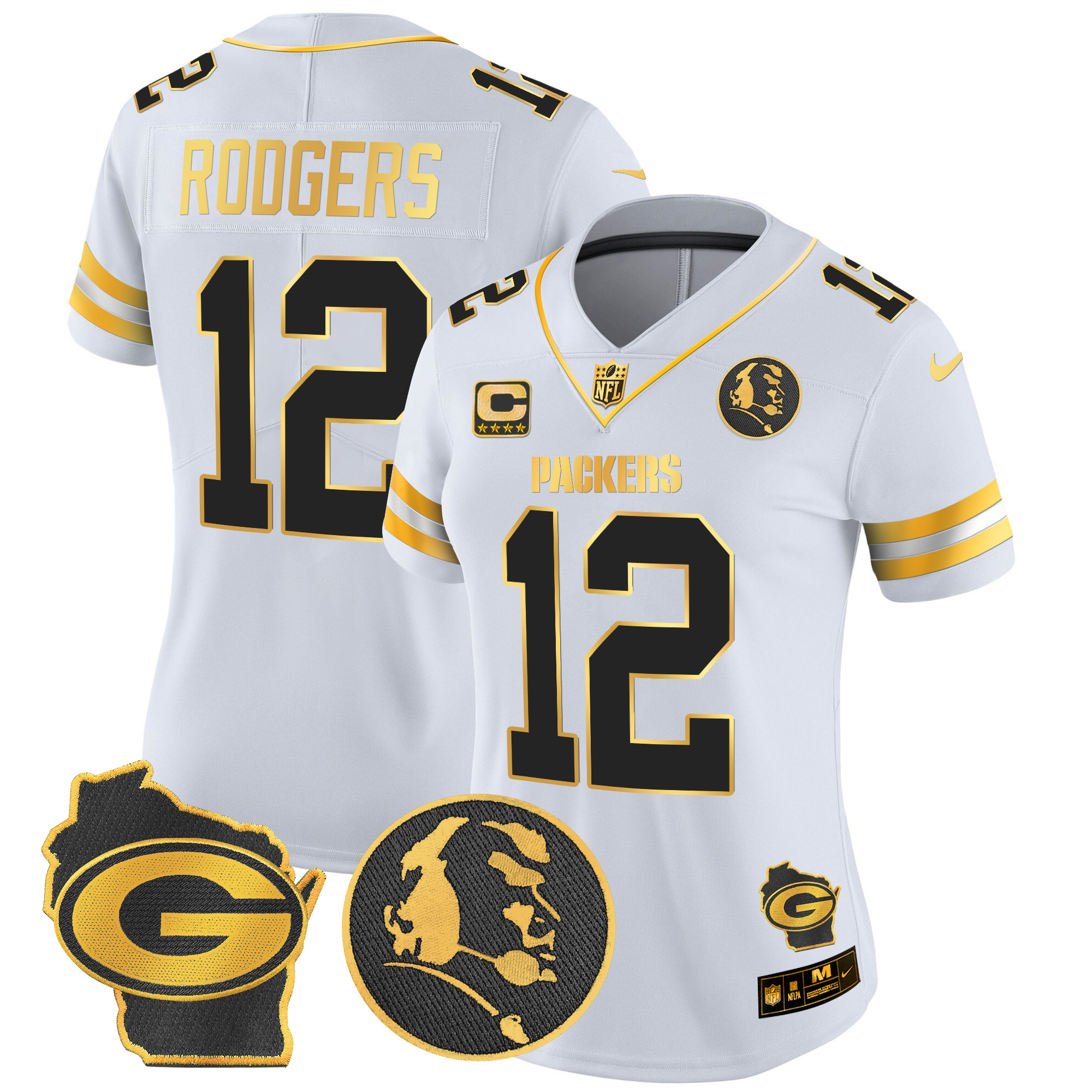 Aaron Rodgers Women's Green Bay Packers John Madden & Home Patch Gold Vapor Limited White Gold Jersey - All Stitched