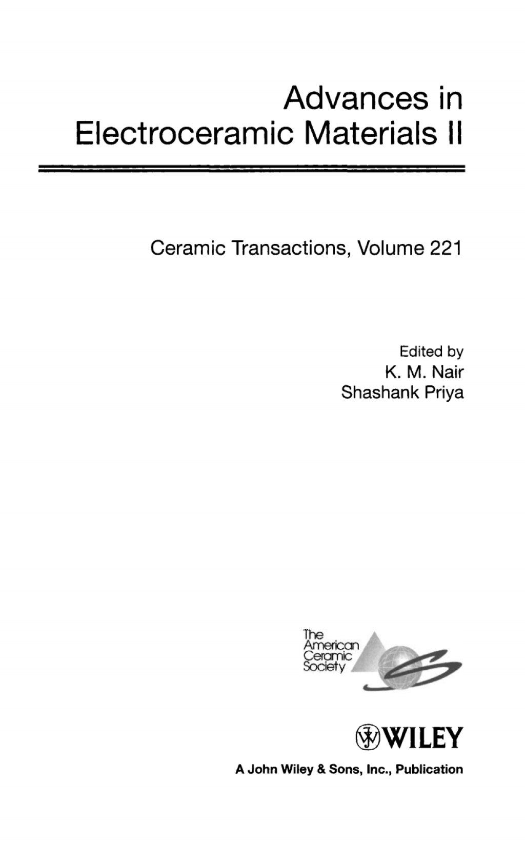 Advances in Electroceramic Materials II Ceramic Transactions, Volume 221 1st Edition â€“ PDF/EPUB Version Downloadable