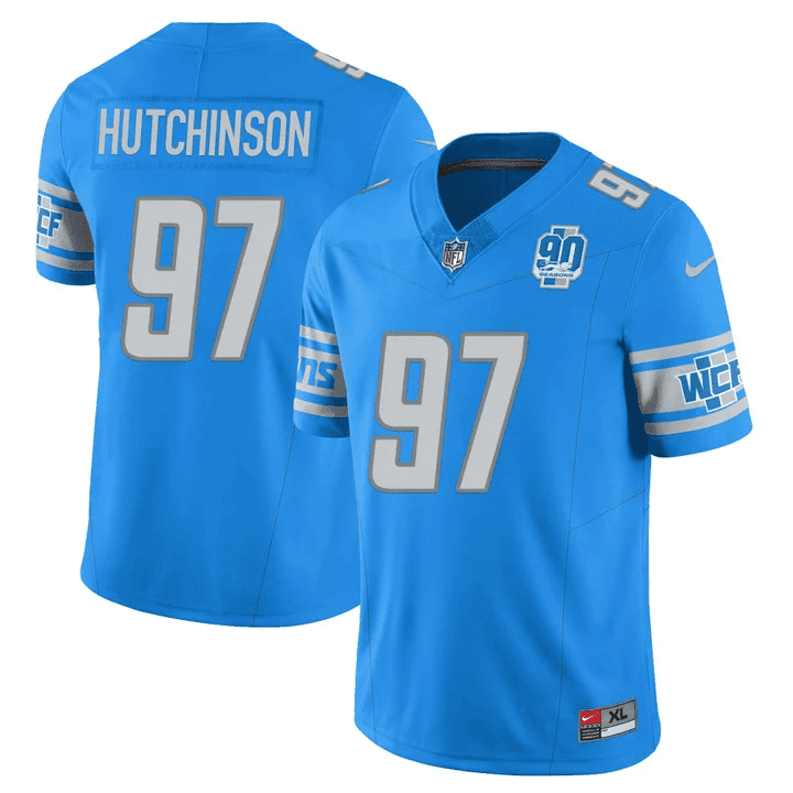 Aidan Hutchinson MenÃ¢â‚¬â„¢s Detroit Lions 90th Year Patch Vapor Jersey V2 Ã¢â‚¬â€œ All Stitched Blue Jersey - All Stitched