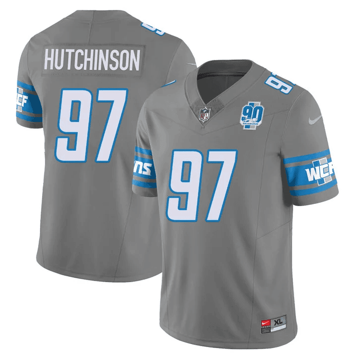 Aidan Hutchinson MenÃ¢â‚¬â„¢s Detroit Lions 90th Year Patch Vapor Jersey V2 Ã¢â‚¬â€œ All Stitched Gray Jersey - All Stitched