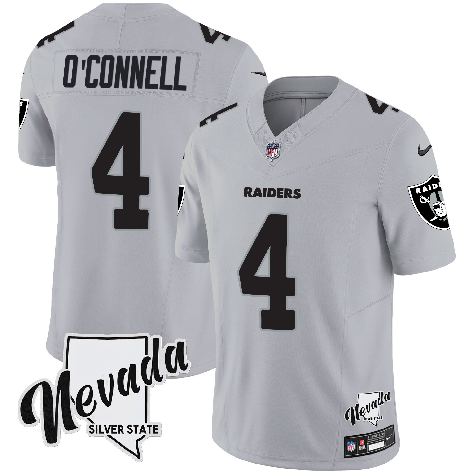 Aidan O'Connell Men's Las Vegas Raiders Nevada Silver State Patch Vapor Gray Jersey - All Stitched