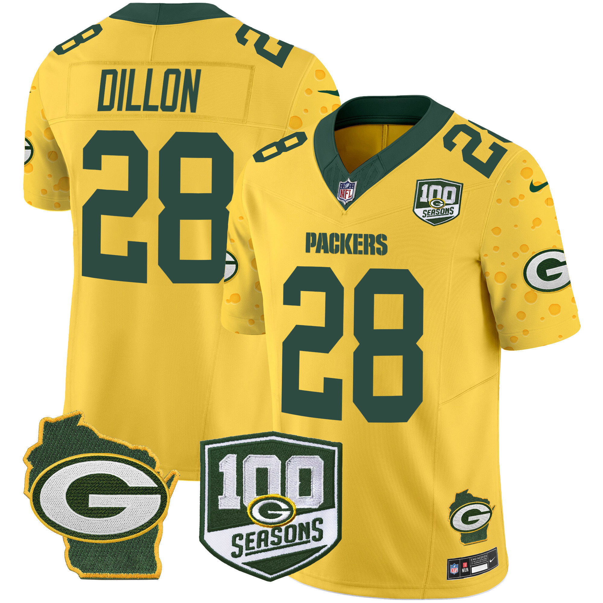 AJ Dillon Men's Green Bay Packers 100th Season & Home Patch Cheese Vapor Limited Jersey – All Stitched Gold Jersey - All Stitched