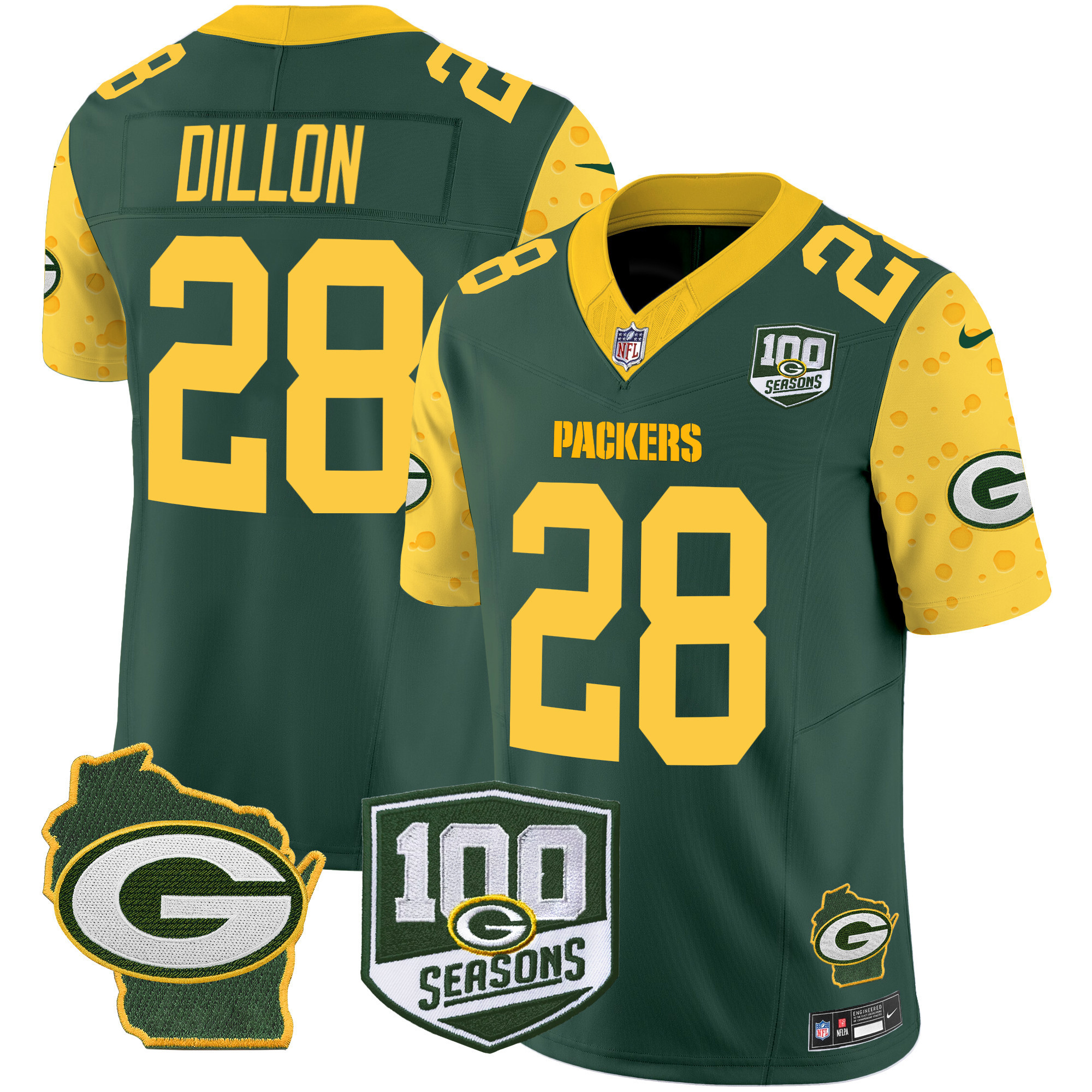AJ Dillon Men's Green Bay Packers 100th Season & Home Patch Cheese Vapor Limited Jersey ÃƒÂ¢Ã¢â€šÂ¬Ã¢â‚¬Å“ All Stitched Green Jersey - All Stitched